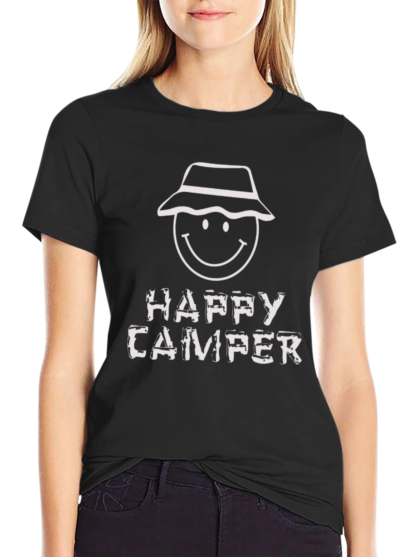 Happy Camper Graphic Tee - Black Cotton T-Shirt