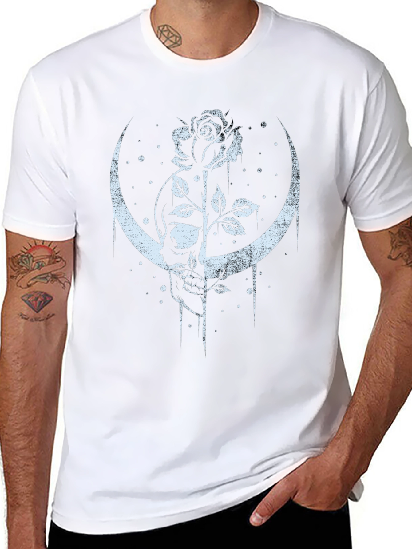 Skull and Rose Graphic Tee - Crescent Moon Design