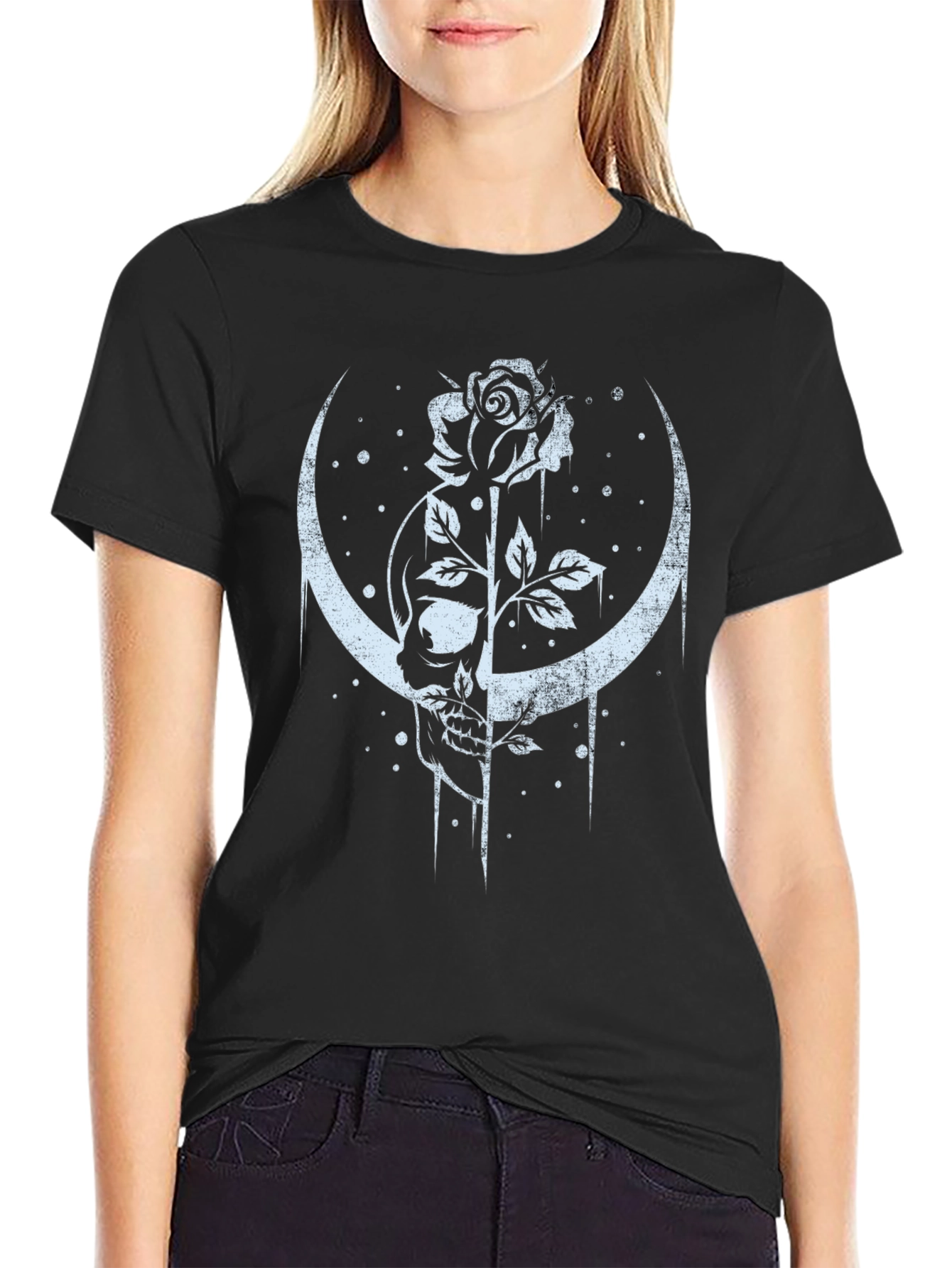Skull and Rose Graphic Tee - Crescent Moon Design