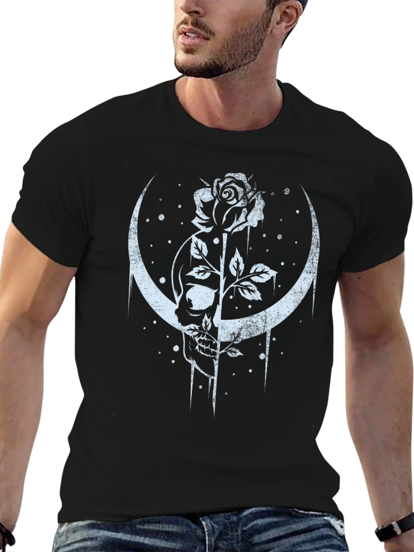 Skull and Rose Graphic Tee - Crescent Moon Design
