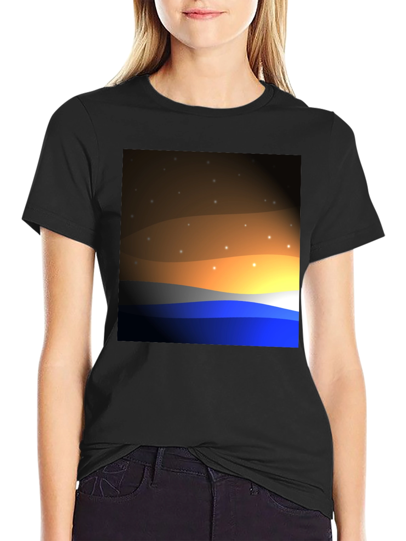 Sunset Wave Graphic T-Shirt - Black Cotton Blend