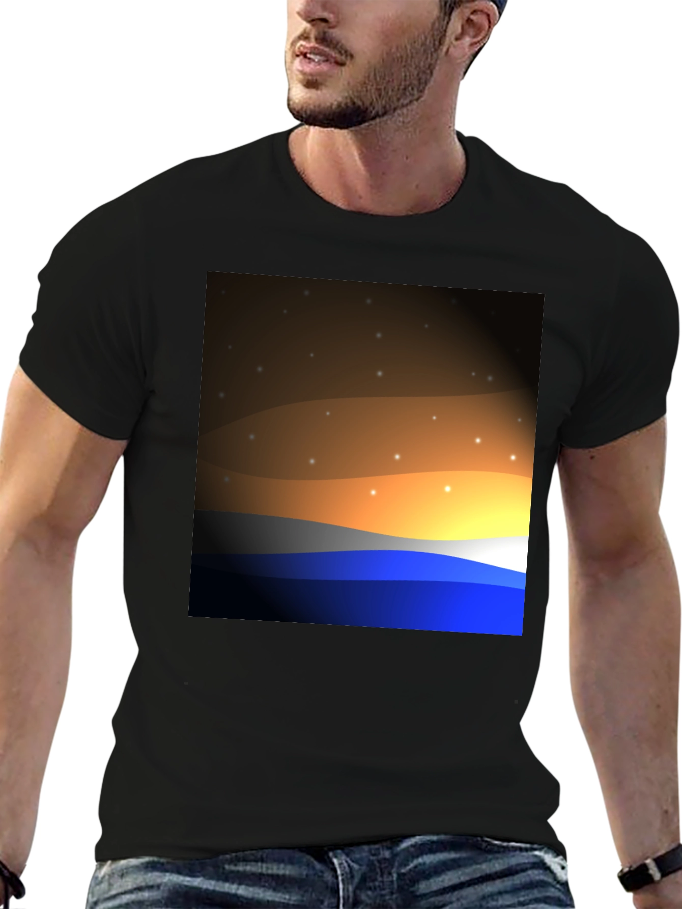 Sunset Wave Graphic T-Shirt - Black Cotton Blend