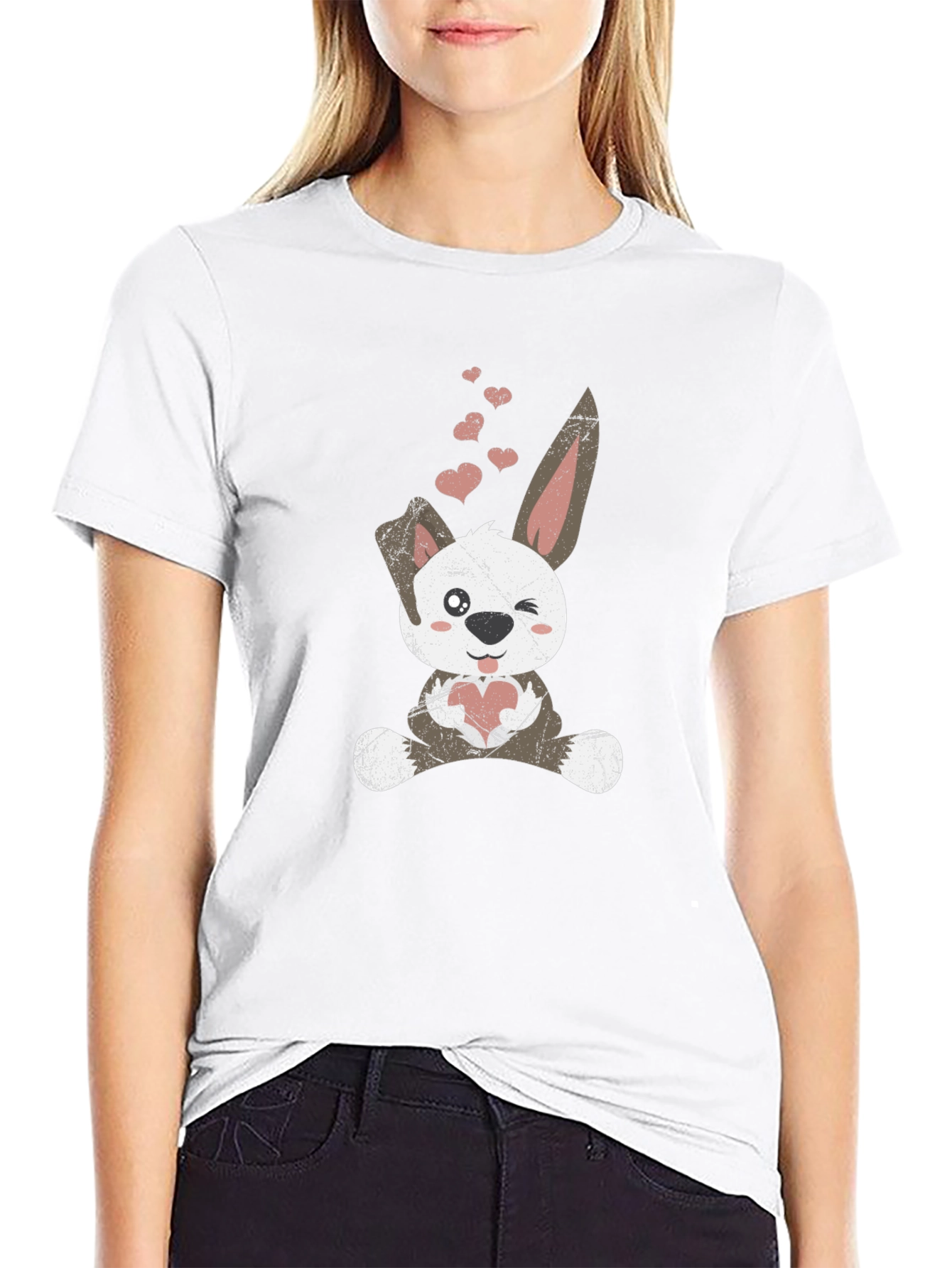 Cute Bunny Heart Valentines Day Black T-Shirt