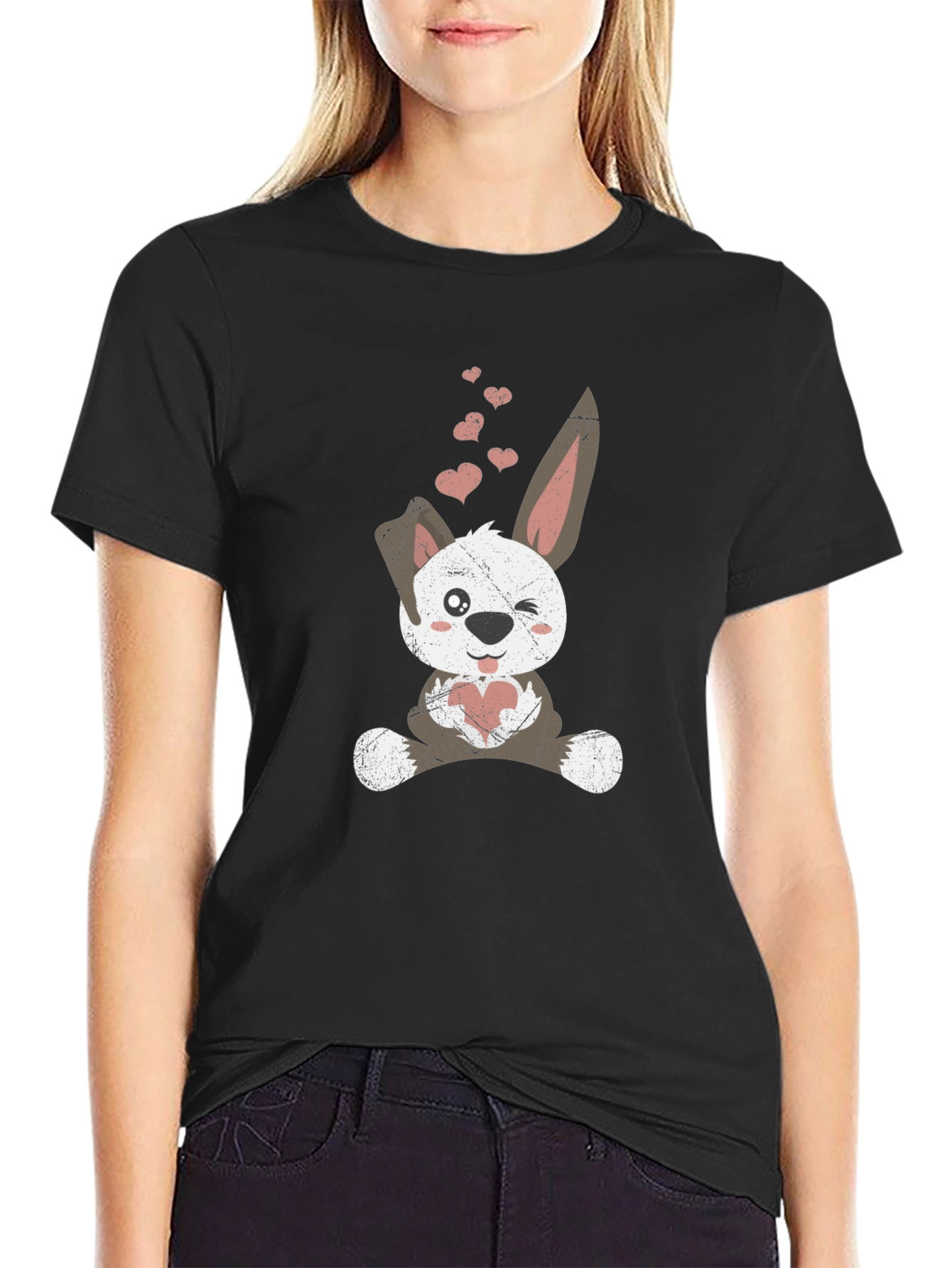 Cute Bunny Heart Valentines Day Black T-Shirt