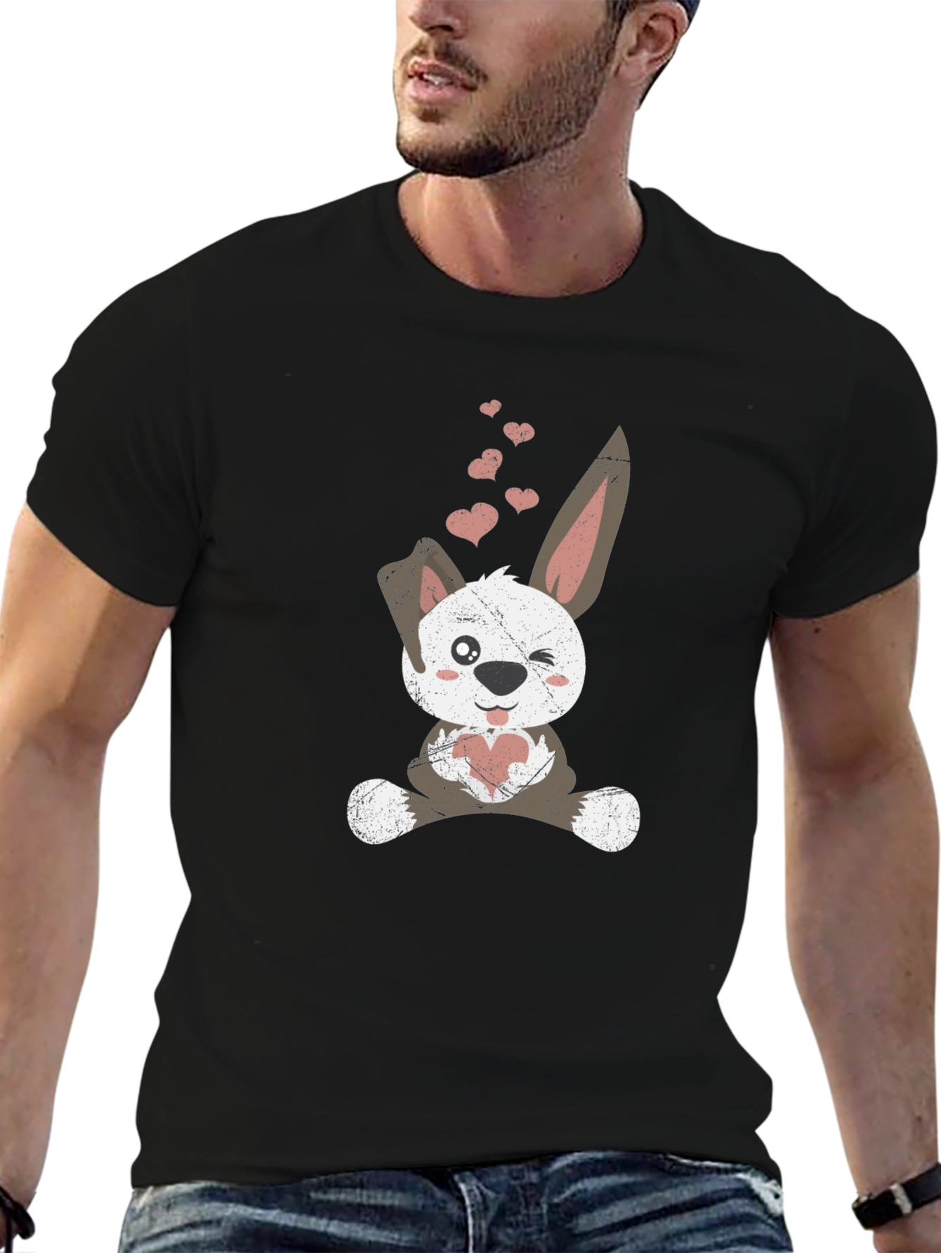 Cute Bunny Heart Valentines Day Black T-Shirt