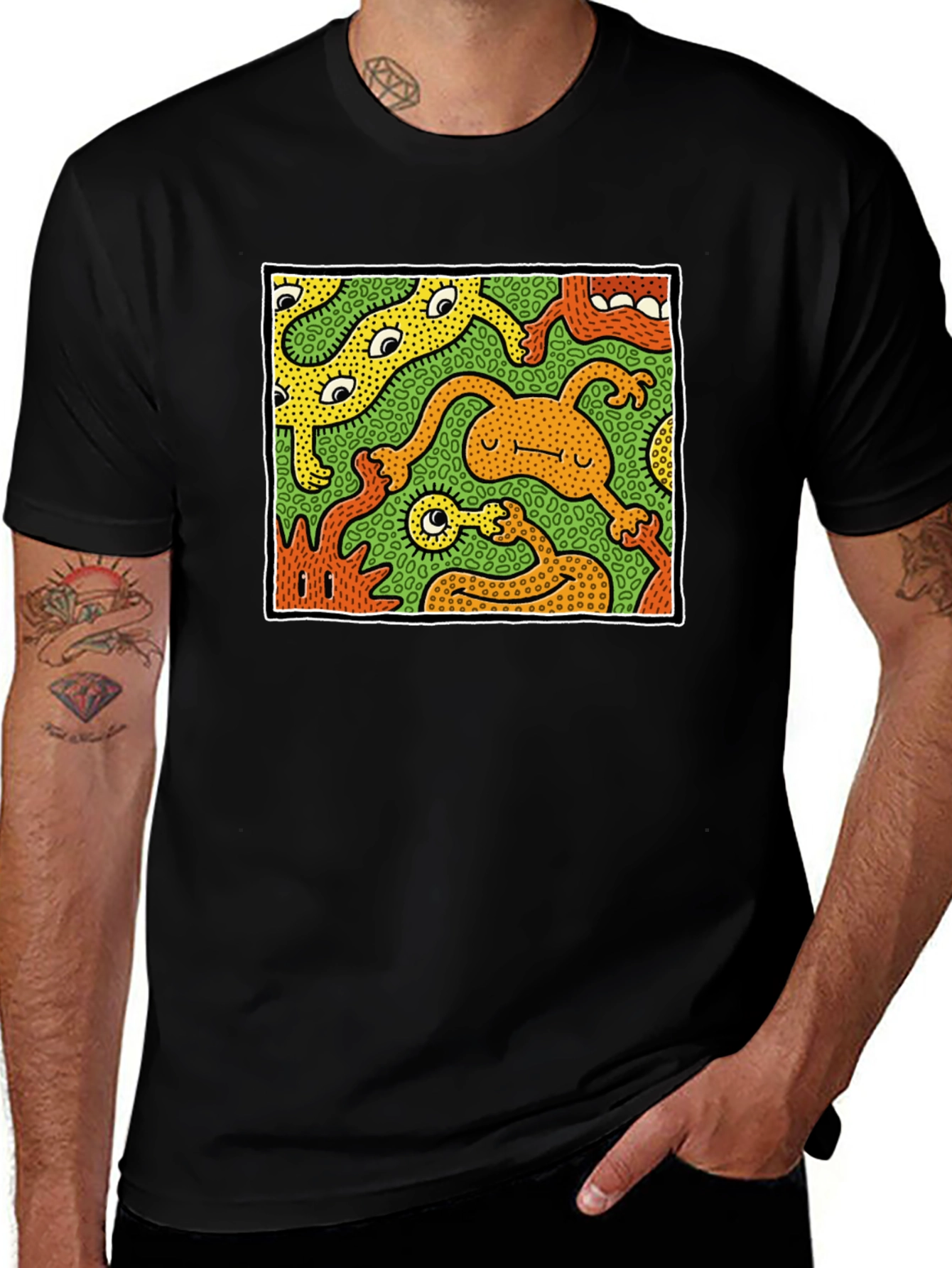 Abstract Cartoon Monster Graphic Tee - Black
