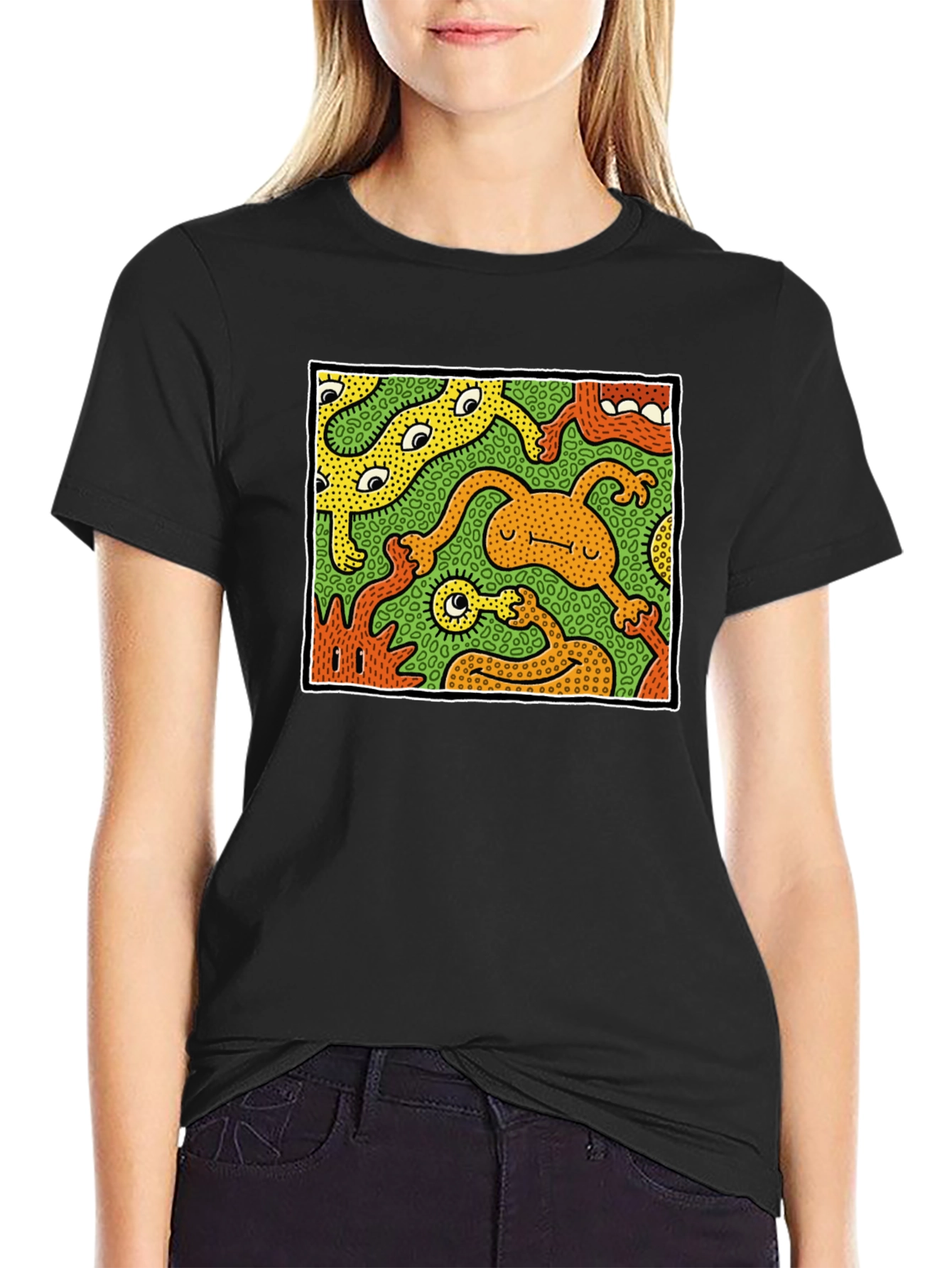 Abstract Cartoon Monster Graphic Tee - Black