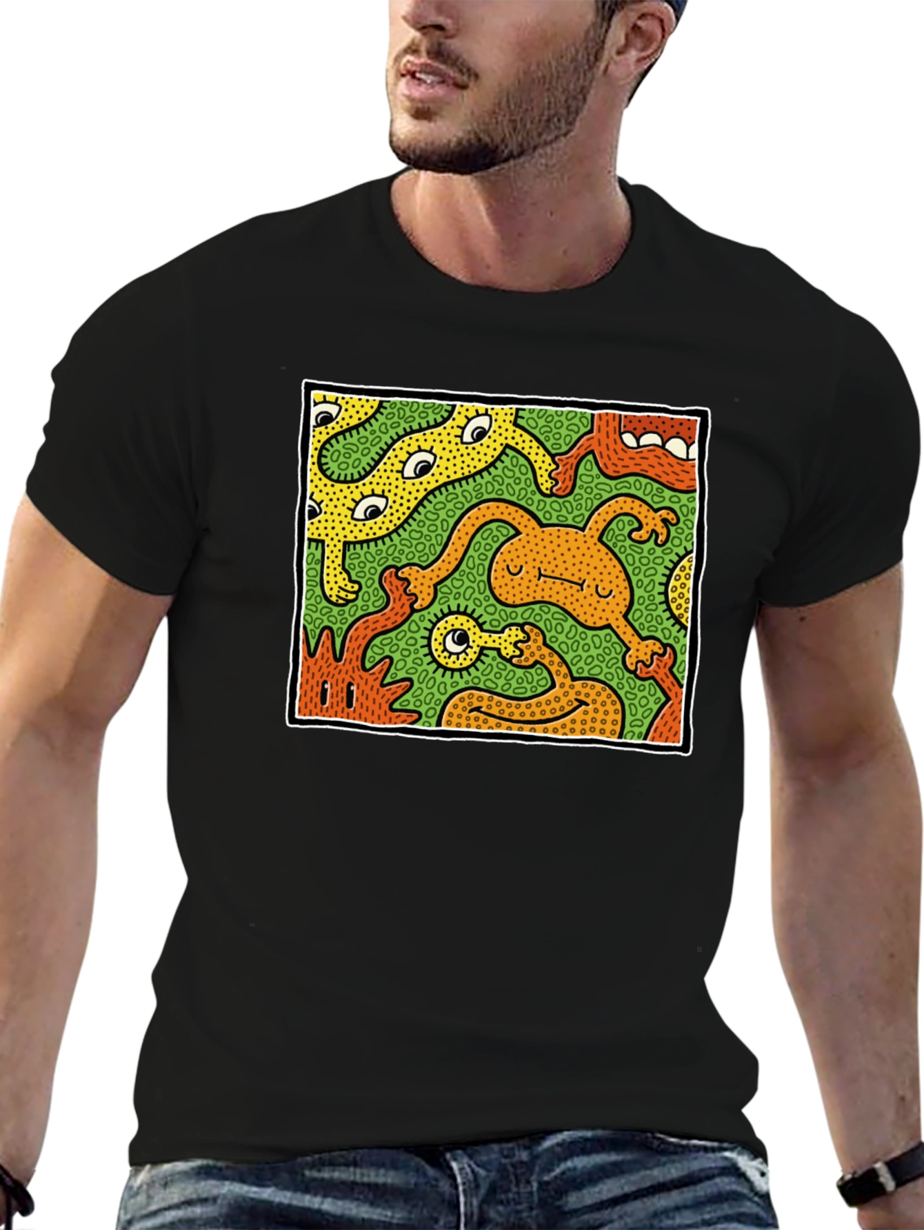 Abstract Cartoon Monster Graphic Tee - Black