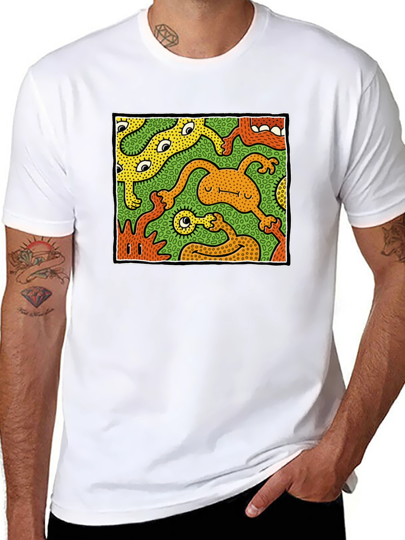 Abstract Cartoon Monster Graphic Tee - Black