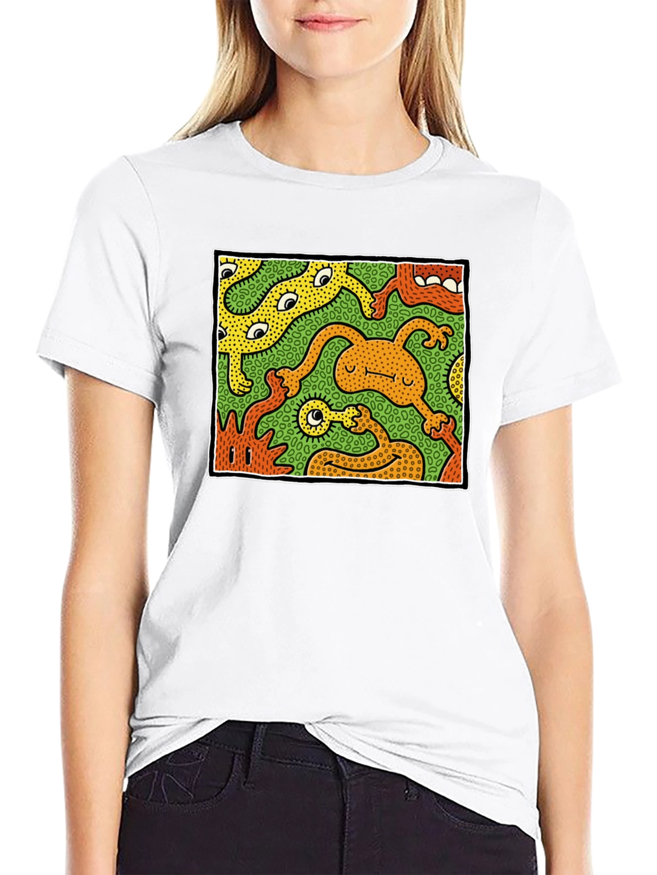 Abstract Cartoon Monster Graphic Tee - Black