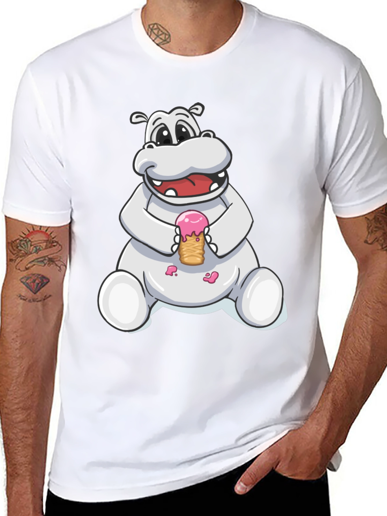 Hippo Ice Cream Graphic Tee - Black Cotton T-Shirt