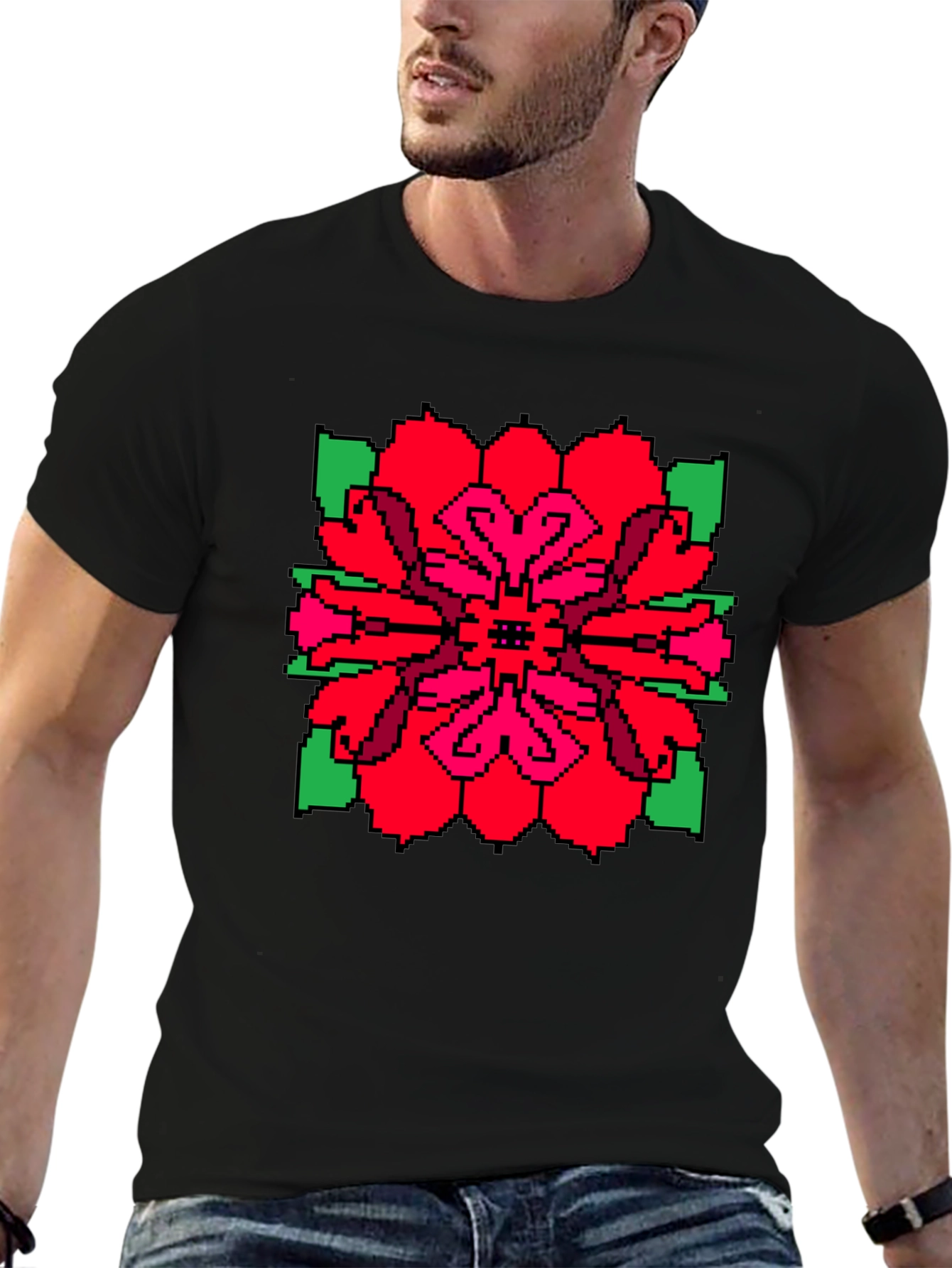 Pixel Flower Graphic Tee - Unique Black T-Shirt