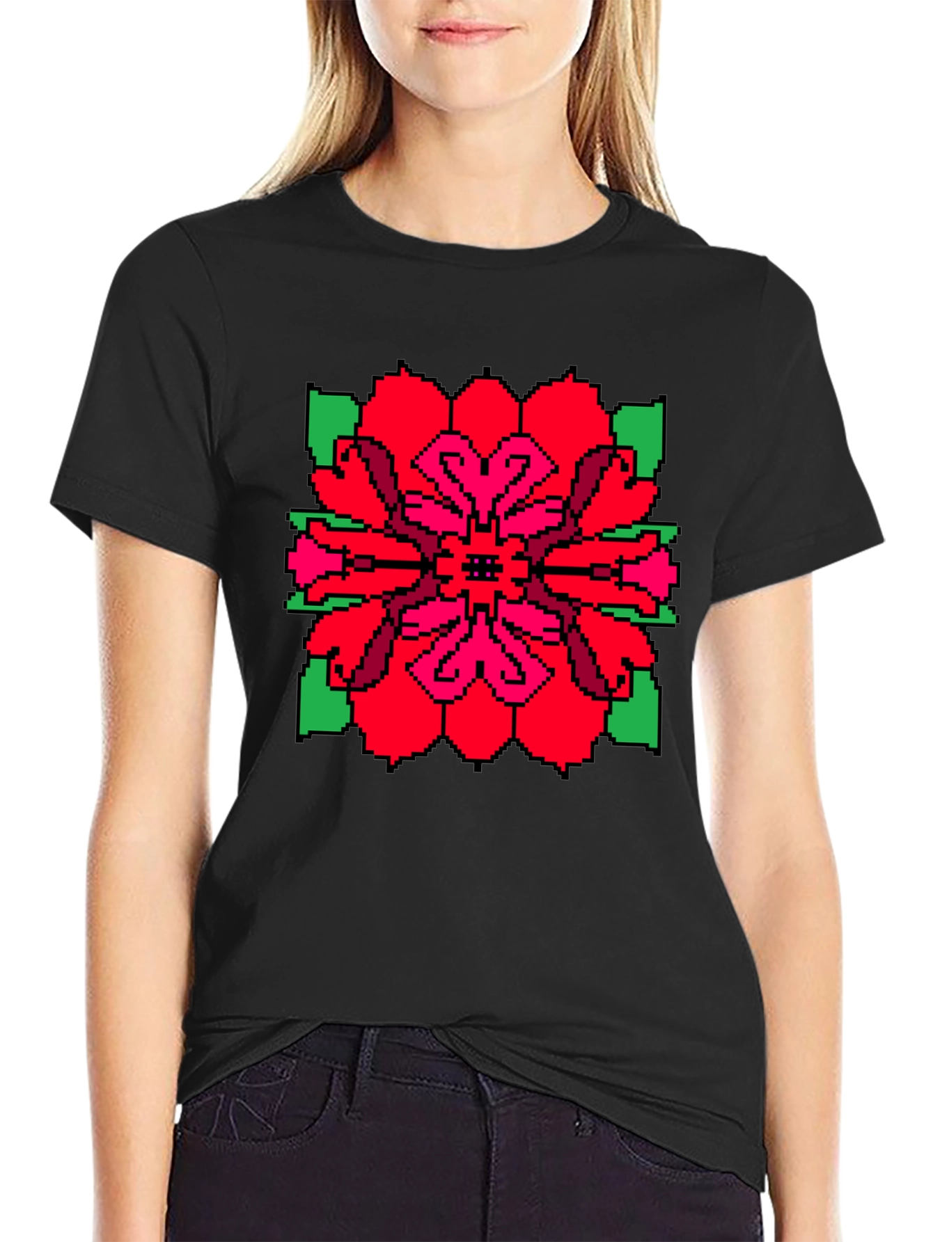 Pixel Flower Graphic Tee - Unique Black T-Shirt