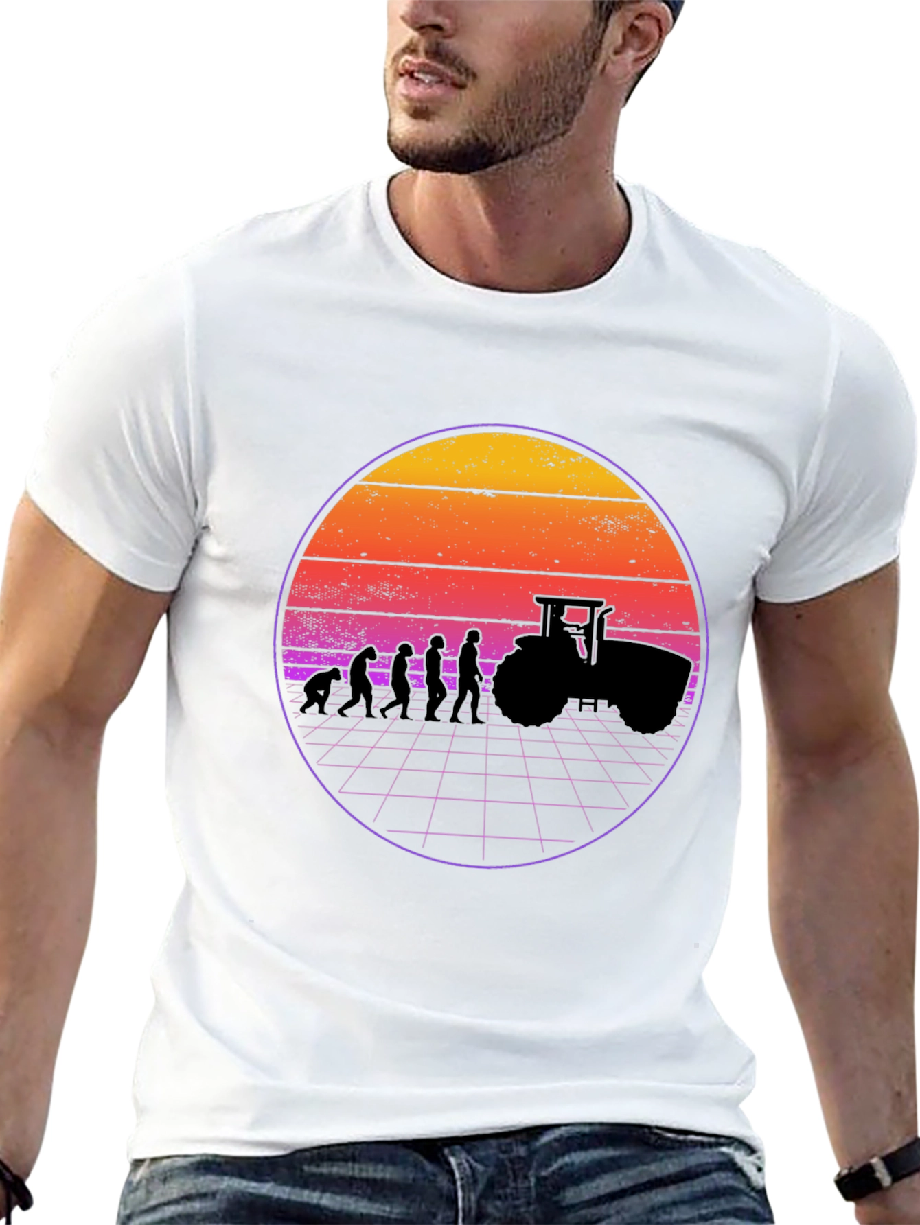 Evolution of Farming T-Shirt - Retro Sunset Design