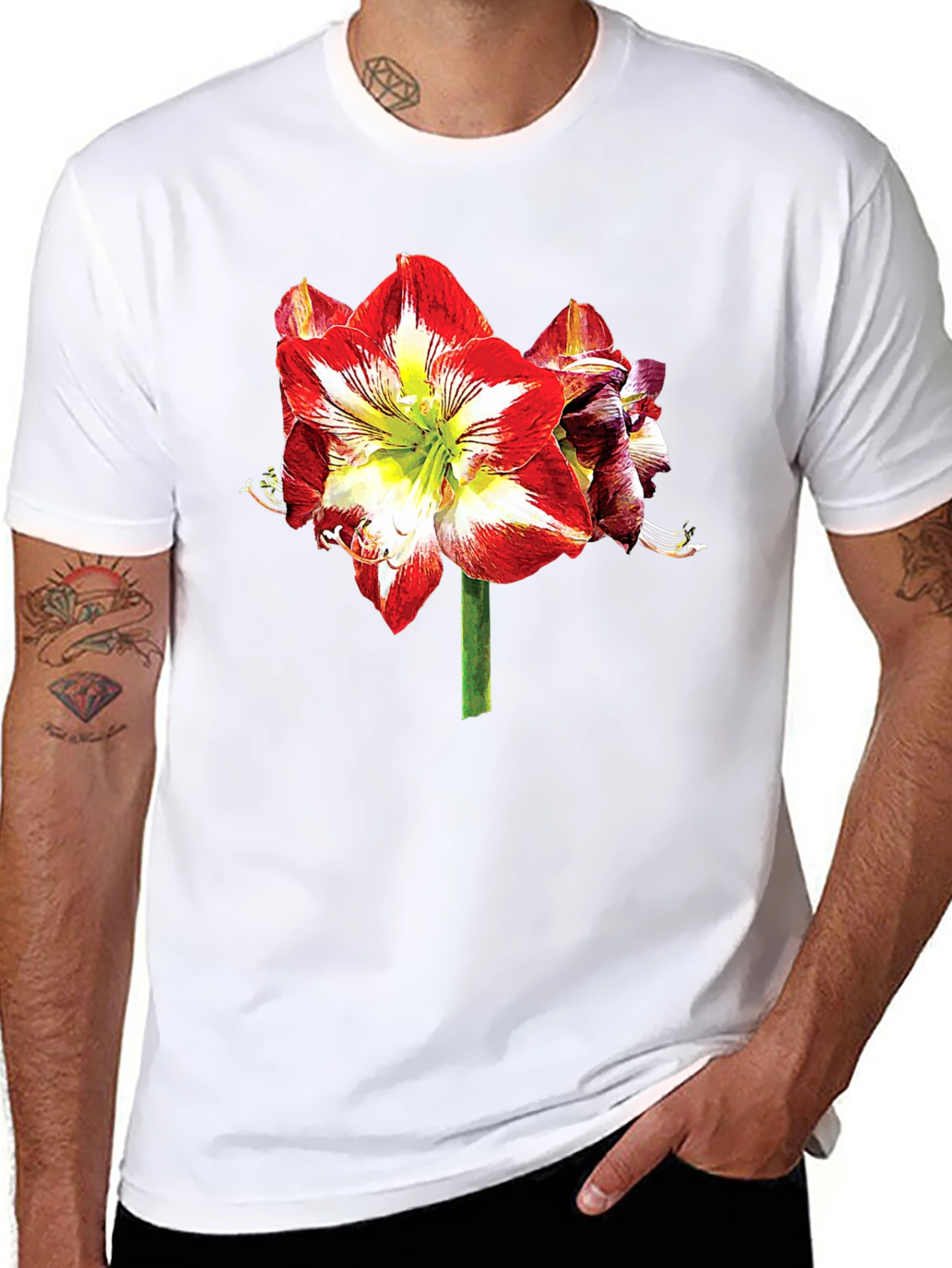 Floral Print T-Shirt: Bold Amaryllis Design