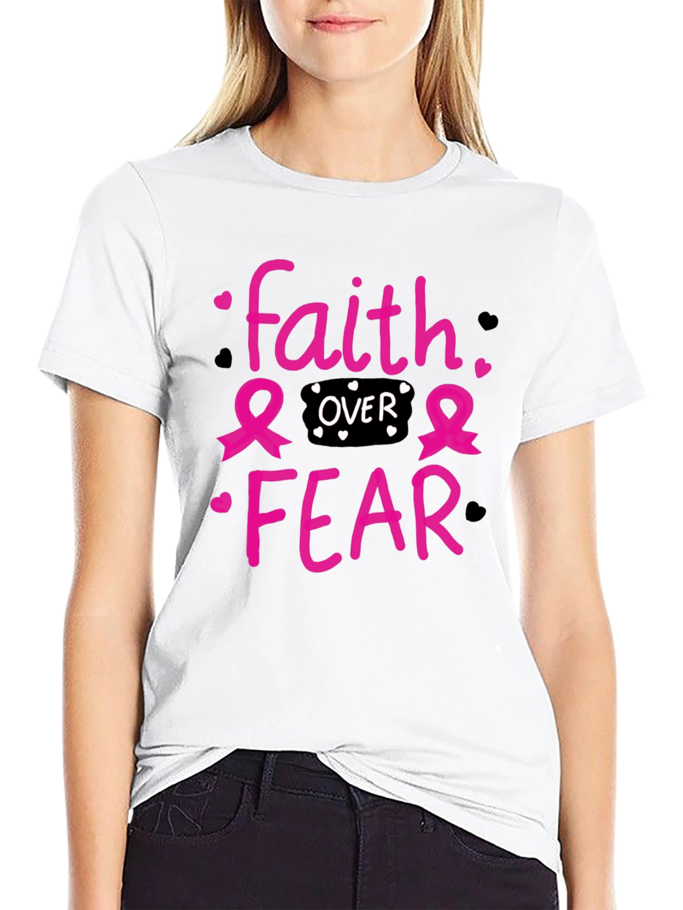 Faith Over Fear T-Shirt Breast Cancer Awareness Pink Ribbon