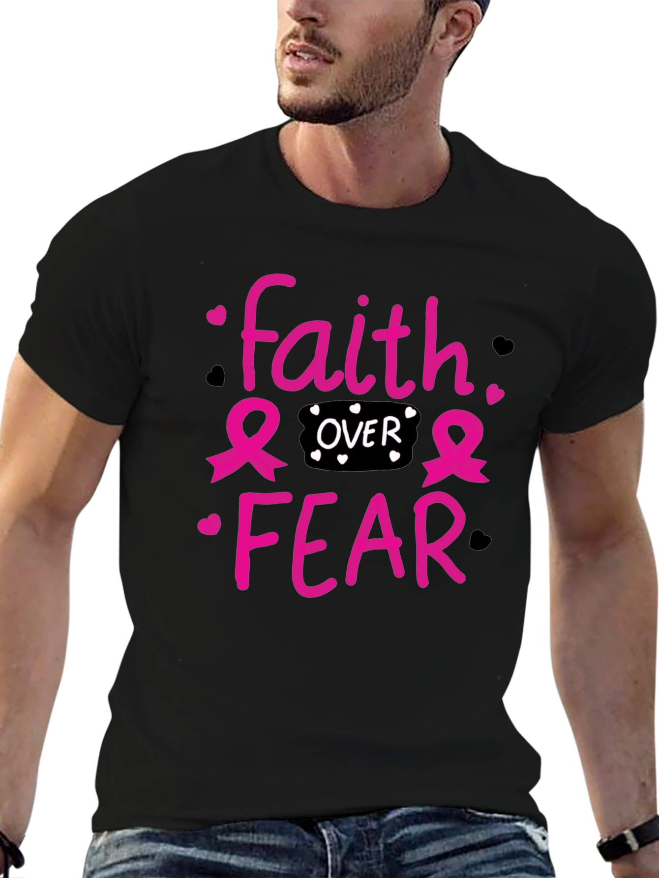 Faith Over Fear T-Shirt Breast Cancer Awareness Pink Ribbon