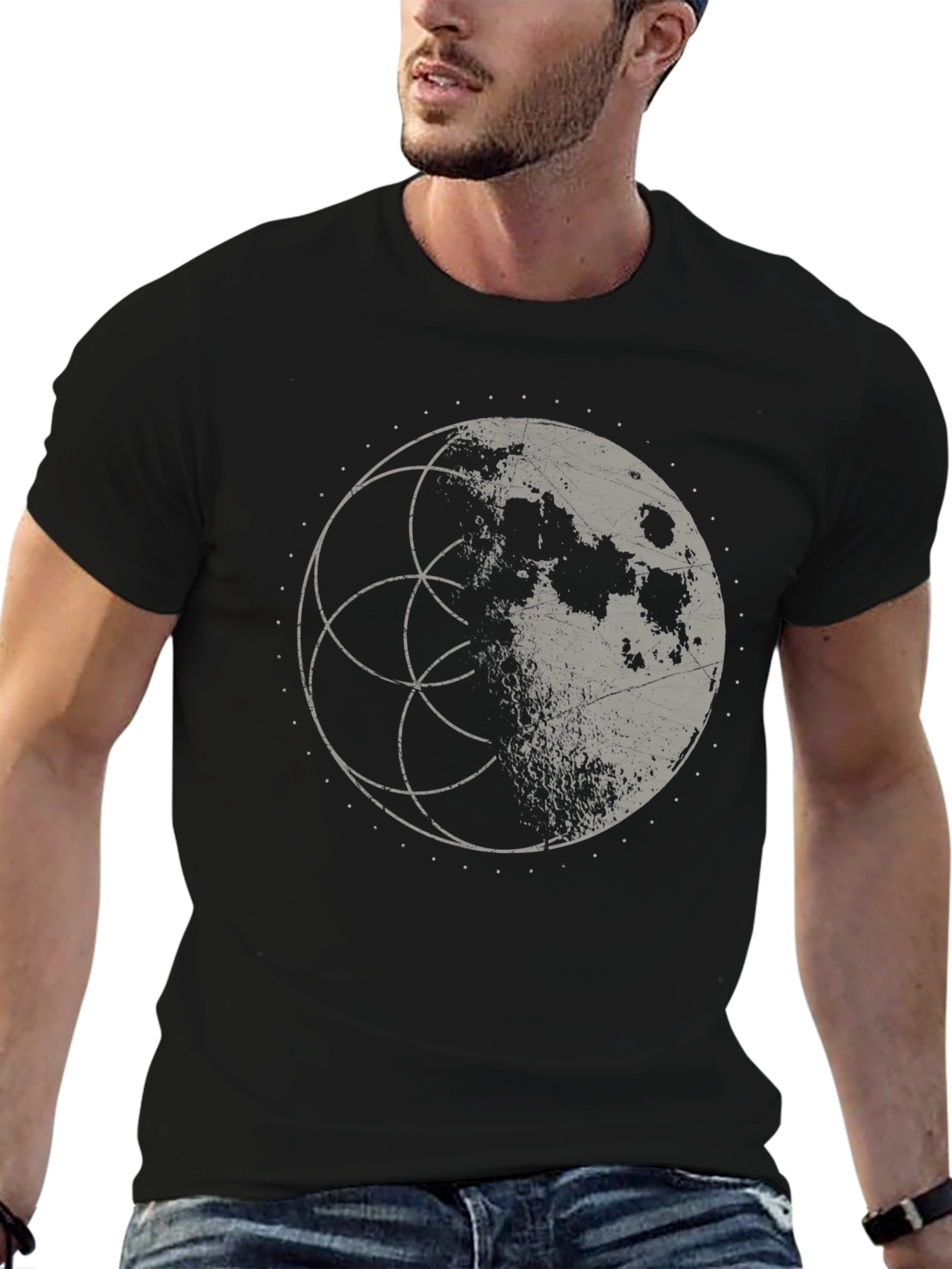 Lunar Geometry Graphic Tee - Black Cotton Shirt