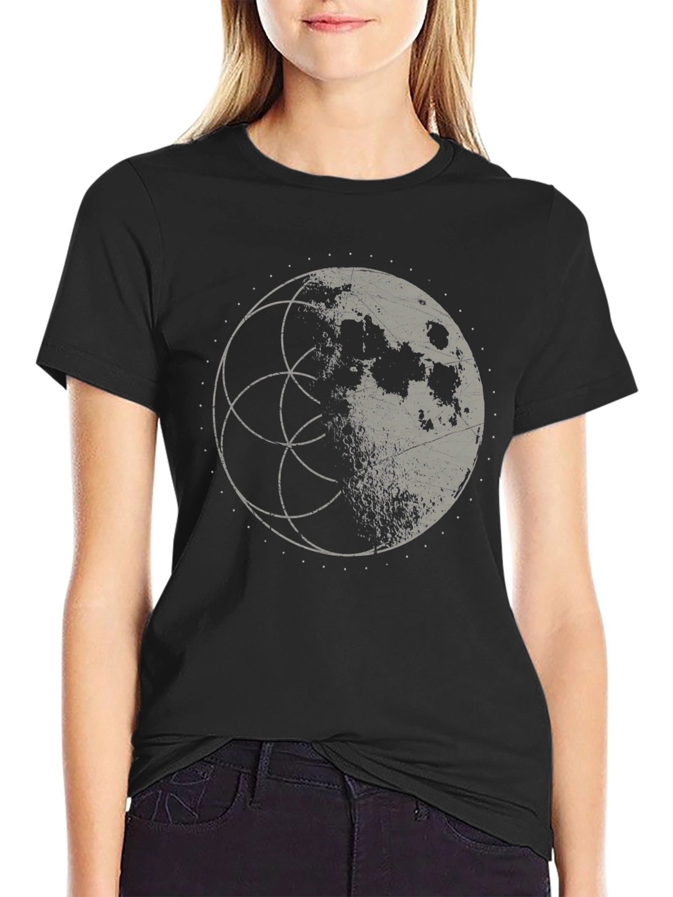 Lunar Geometry Graphic Tee - Black Cotton Shirt