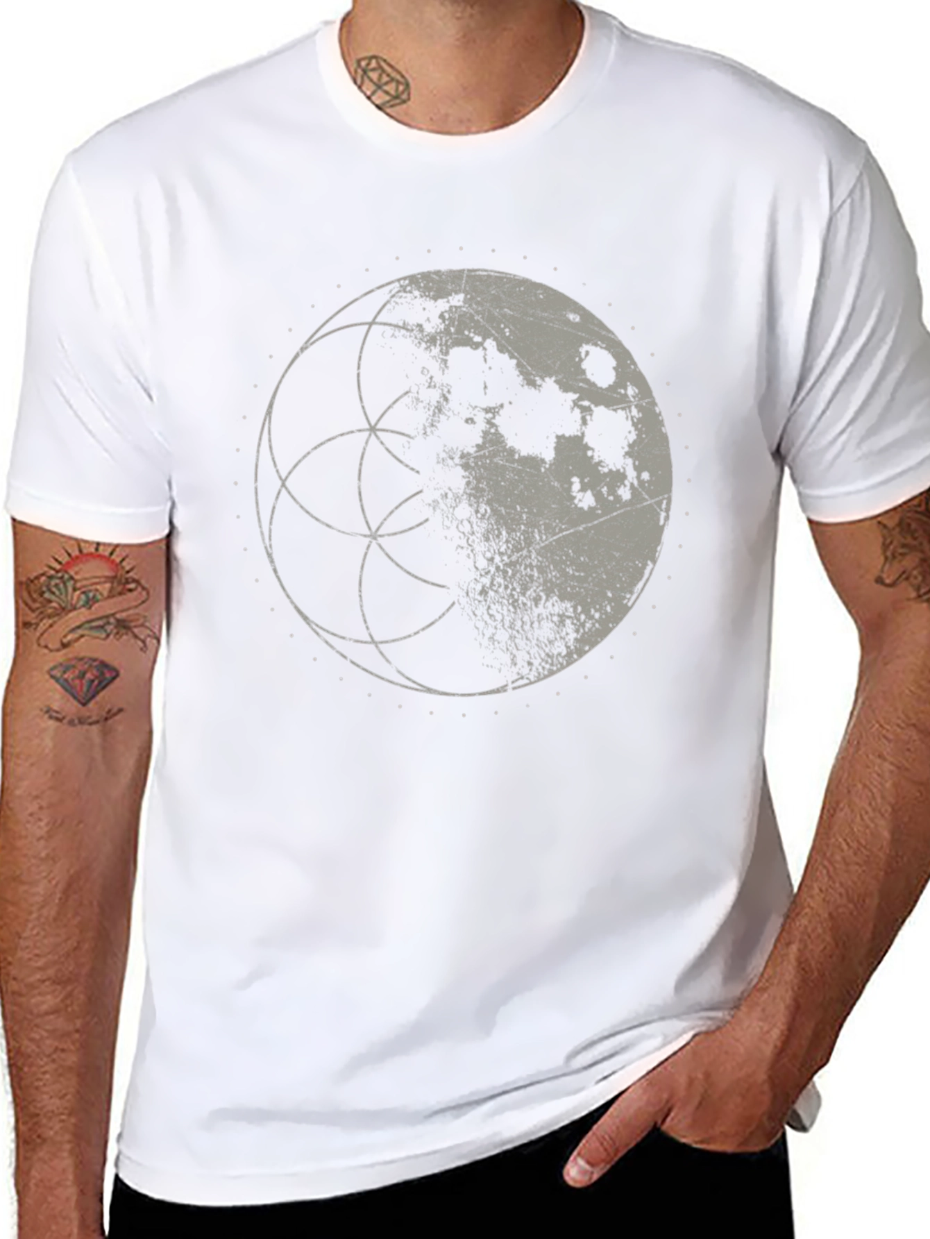Lunar Geometry Graphic Tee - Black Cotton Shirt