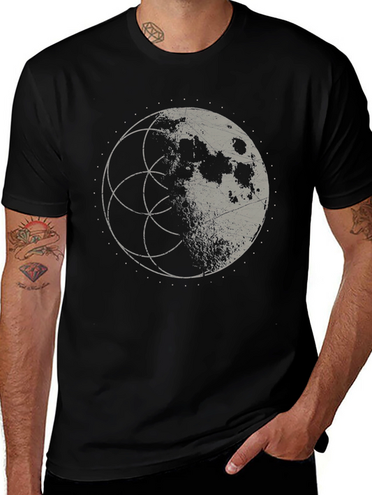 Lunar Geometry Graphic Tee - Black Cotton Shirt