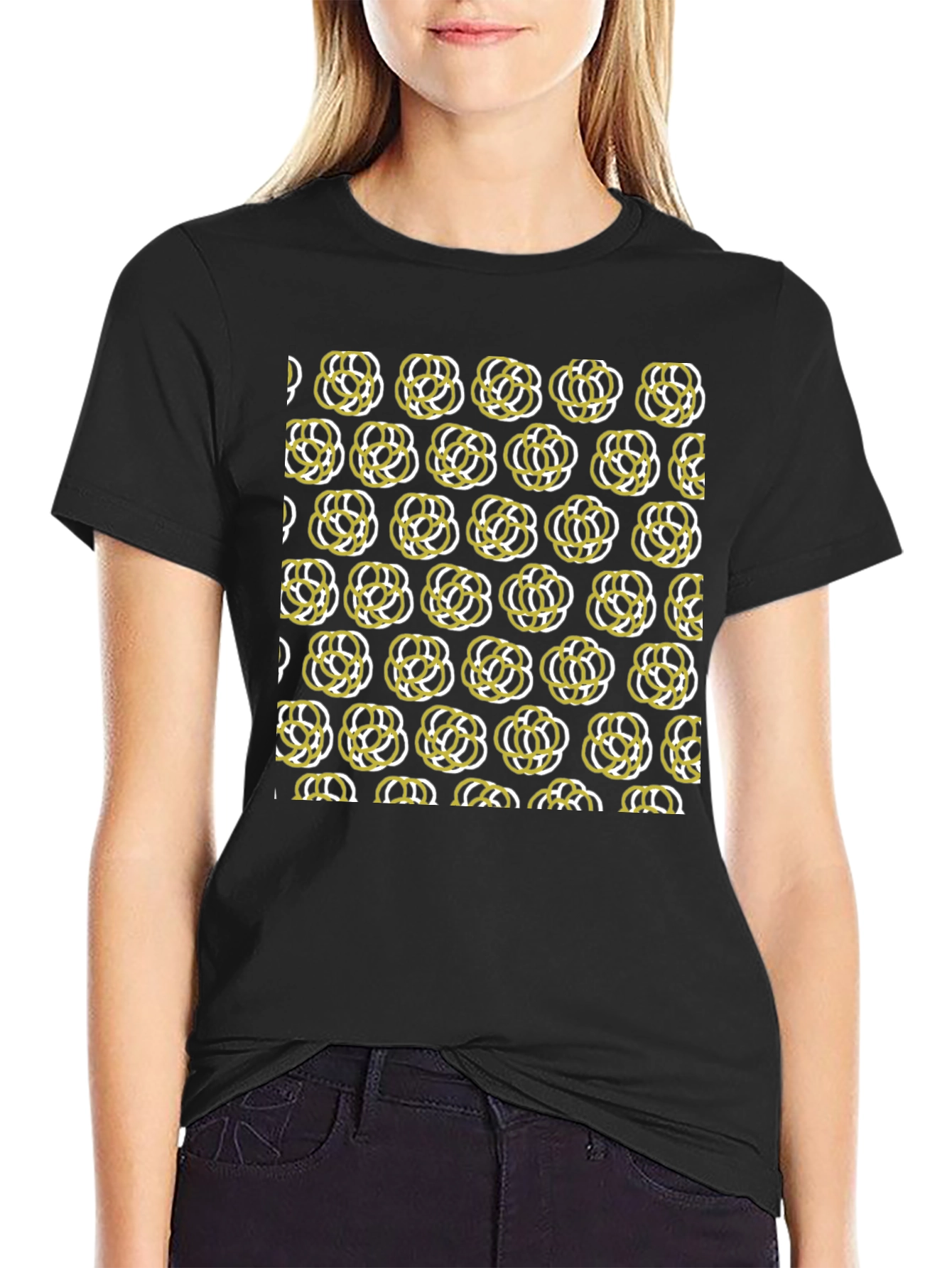 Abstract Floral Patterned Black T-Shirt