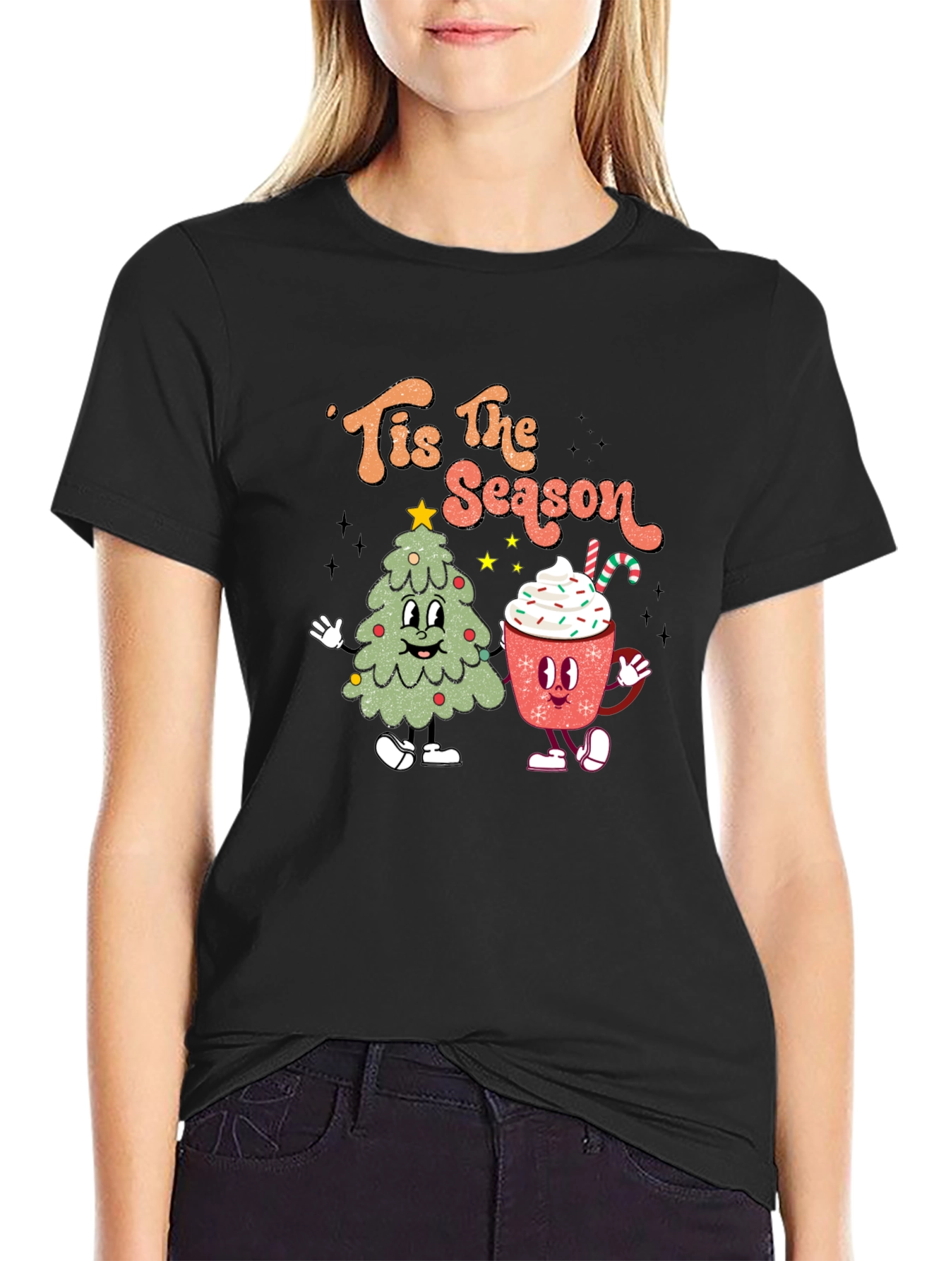 Tis the Season Christmas Tree & Cocoa Black T-Shirt