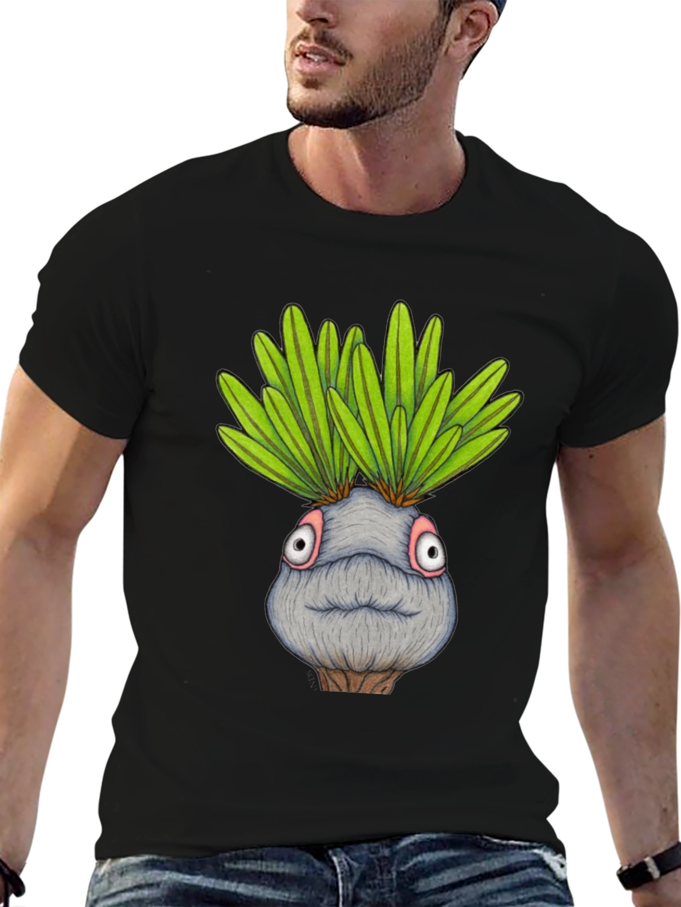 Funny Plant Head Graphic T-Shirt - Black