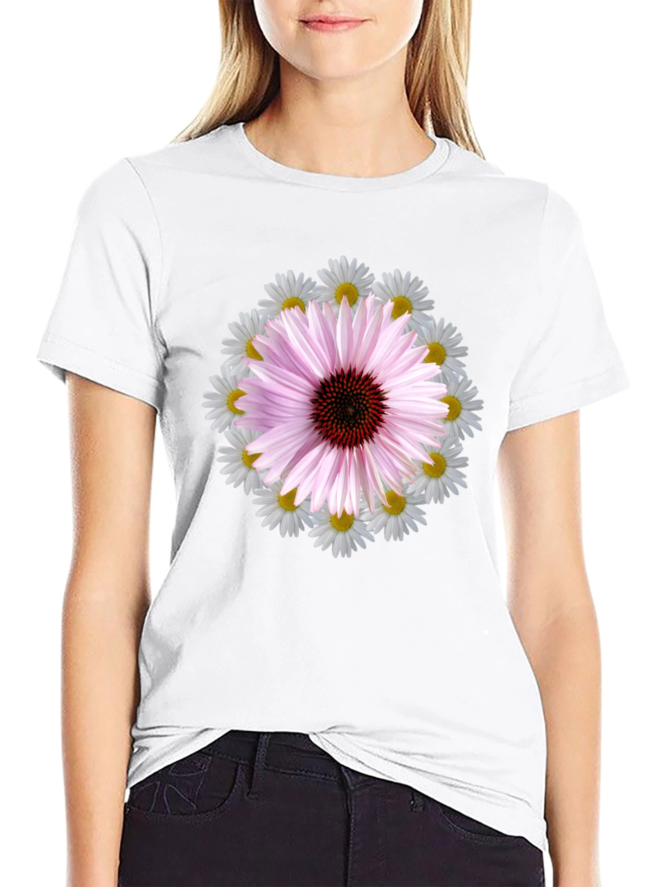 Floral Print Tee - Black Cotton Blend T-Shirt