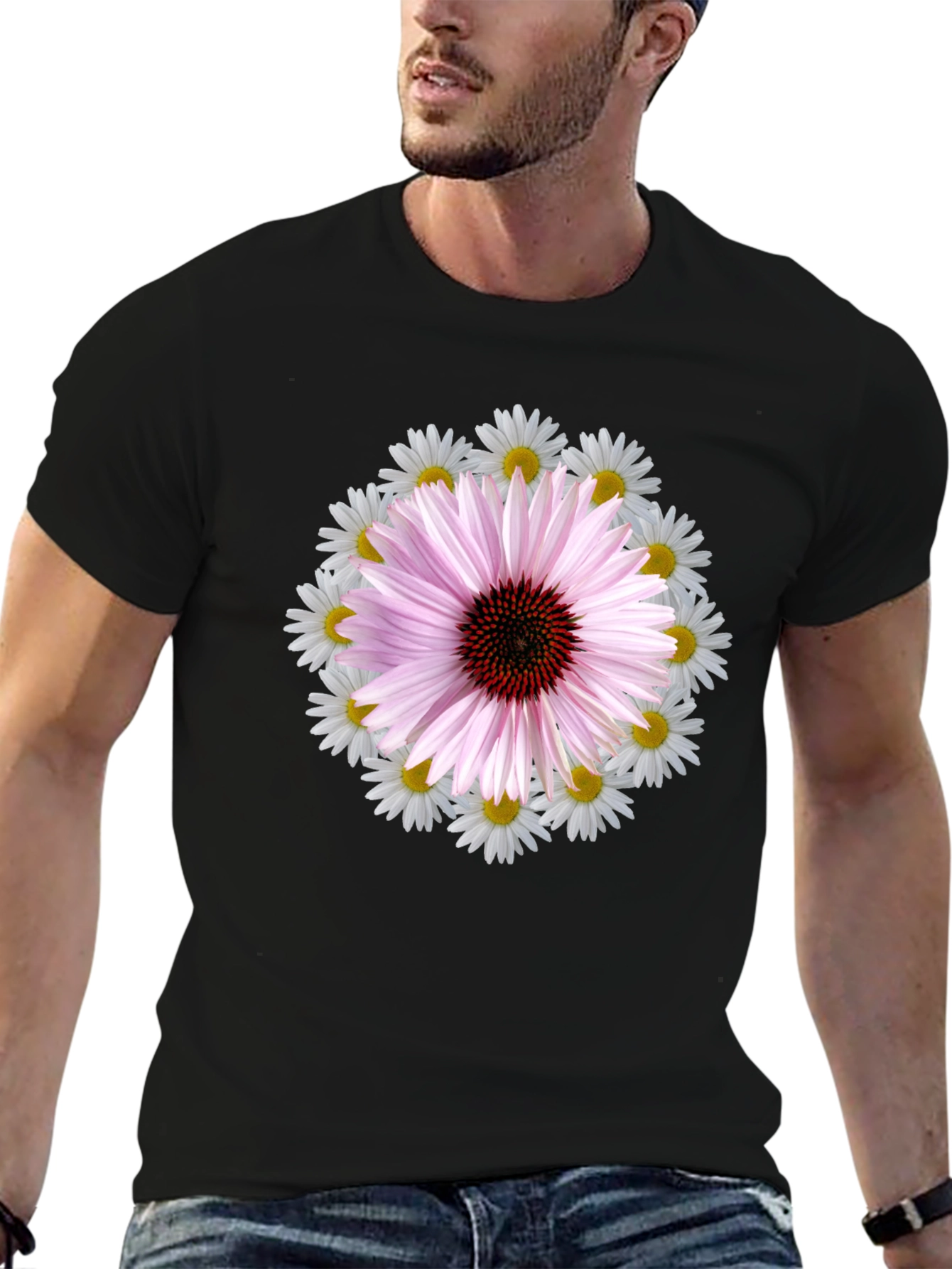 Floral Print Tee - Black Cotton Blend T-Shirt