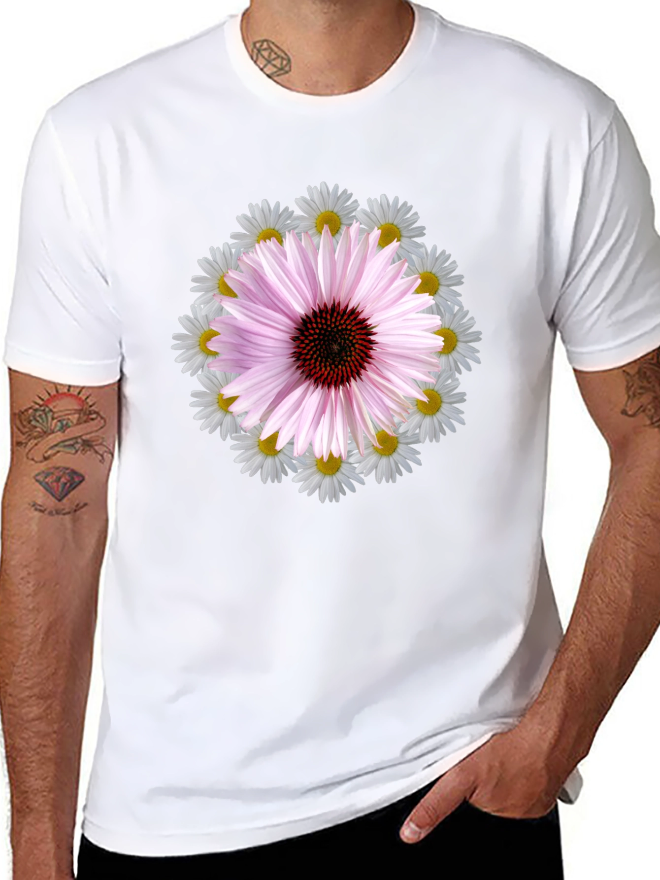 Floral Print Tee - Black Cotton Blend T-Shirt
