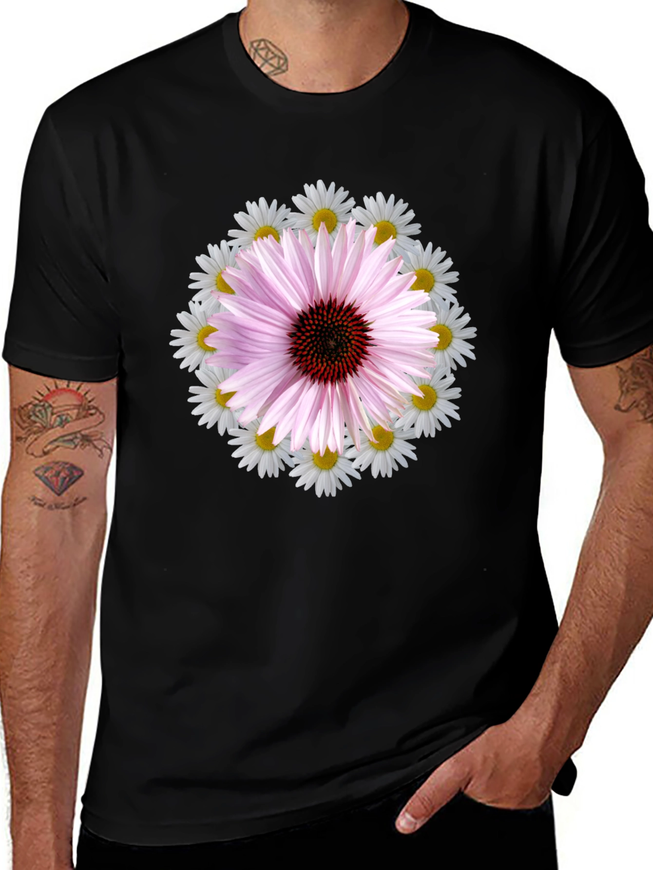 Floral Print Tee - Black Cotton Blend T-Shirt
