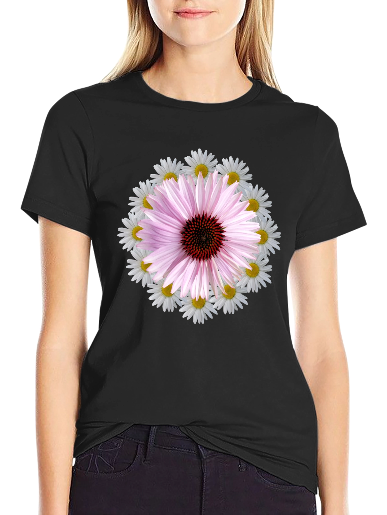 Floral Print Tee - Black Cotton Blend T-Shirt