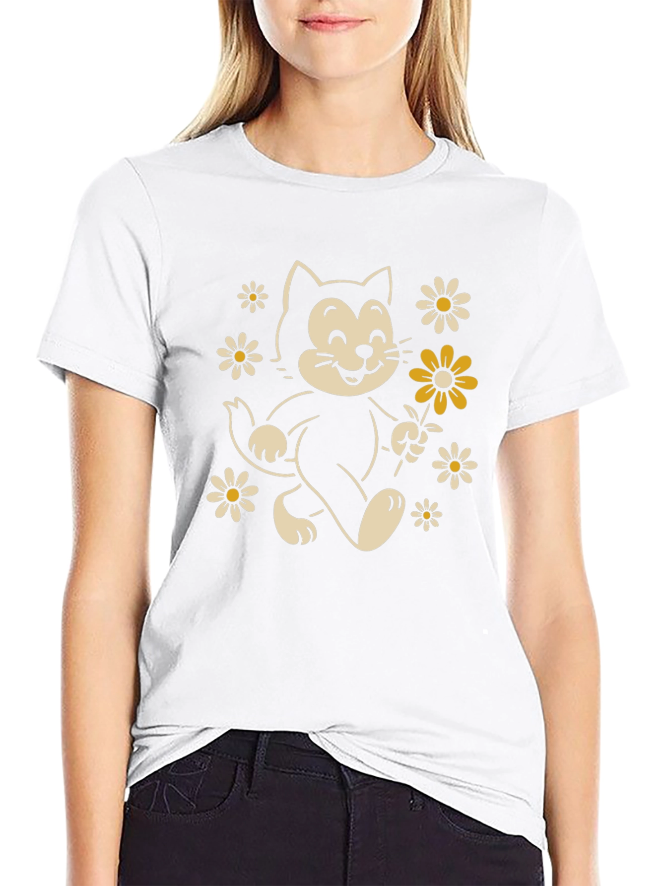 Retro Cartoon Cat with Flowers Graphic T-Shirt