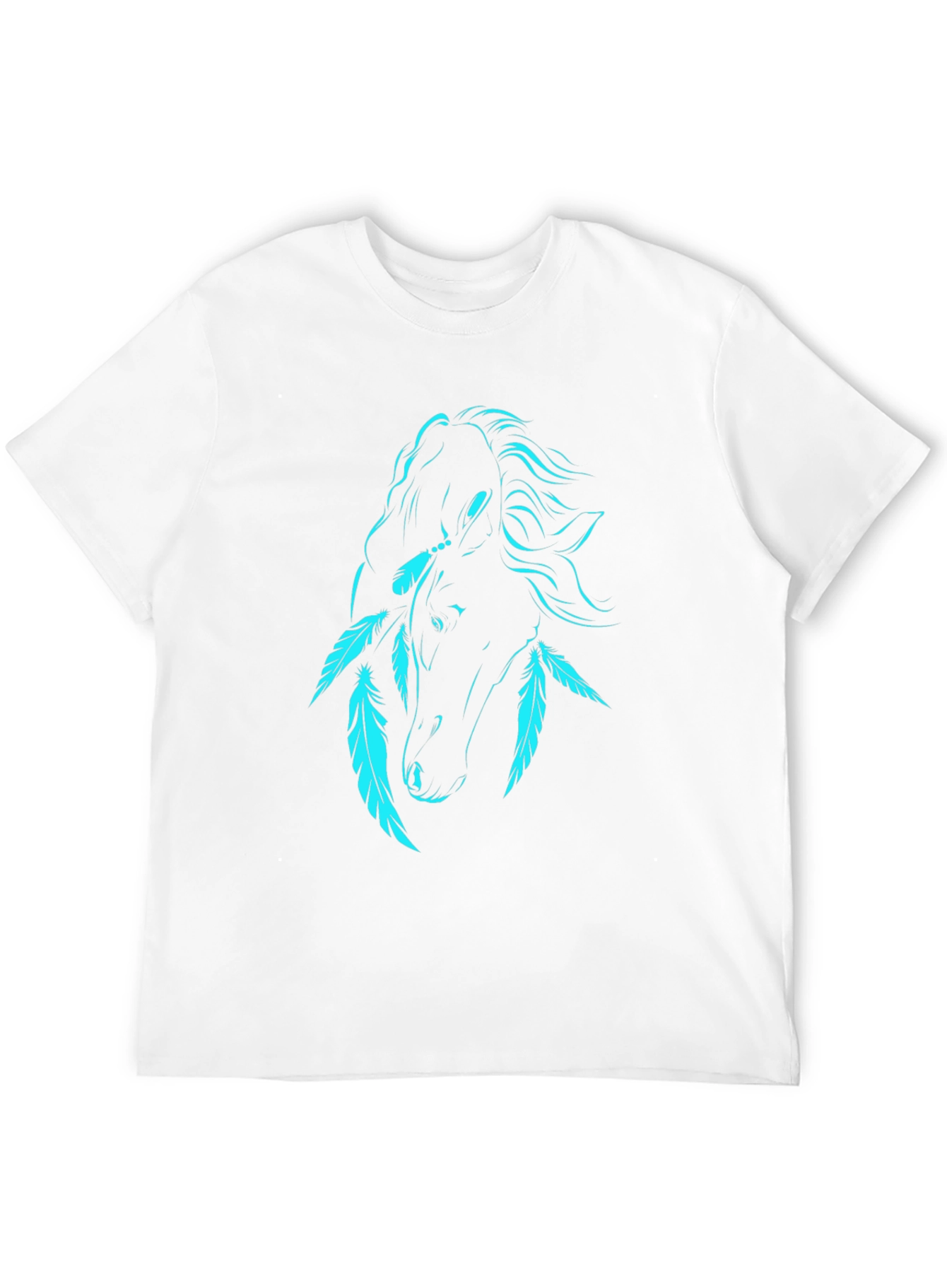 Black T-Shirt with Turquoise Horse and Feathers Graphic