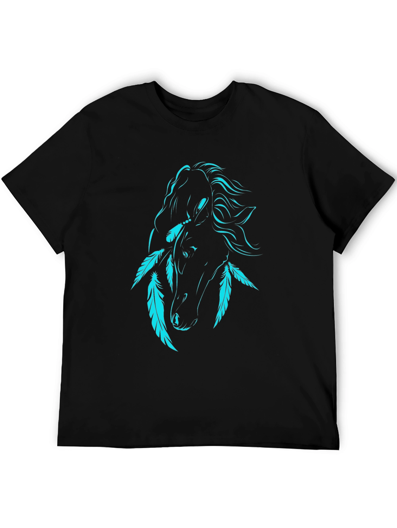 Black T-Shirt with Turquoise Horse and Feathers Graphic