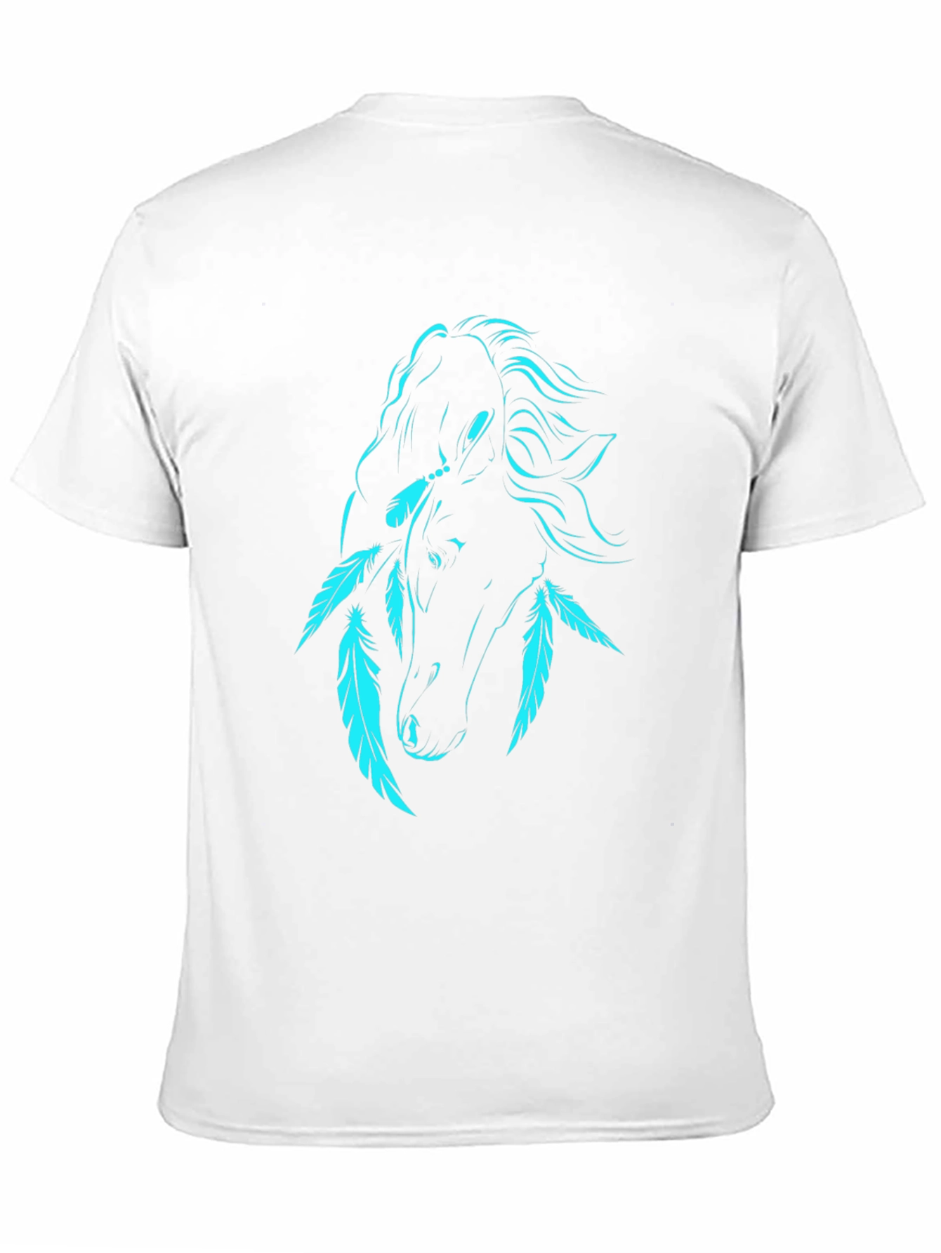Black T-Shirt with Turquoise Horse and Feathers Graphic