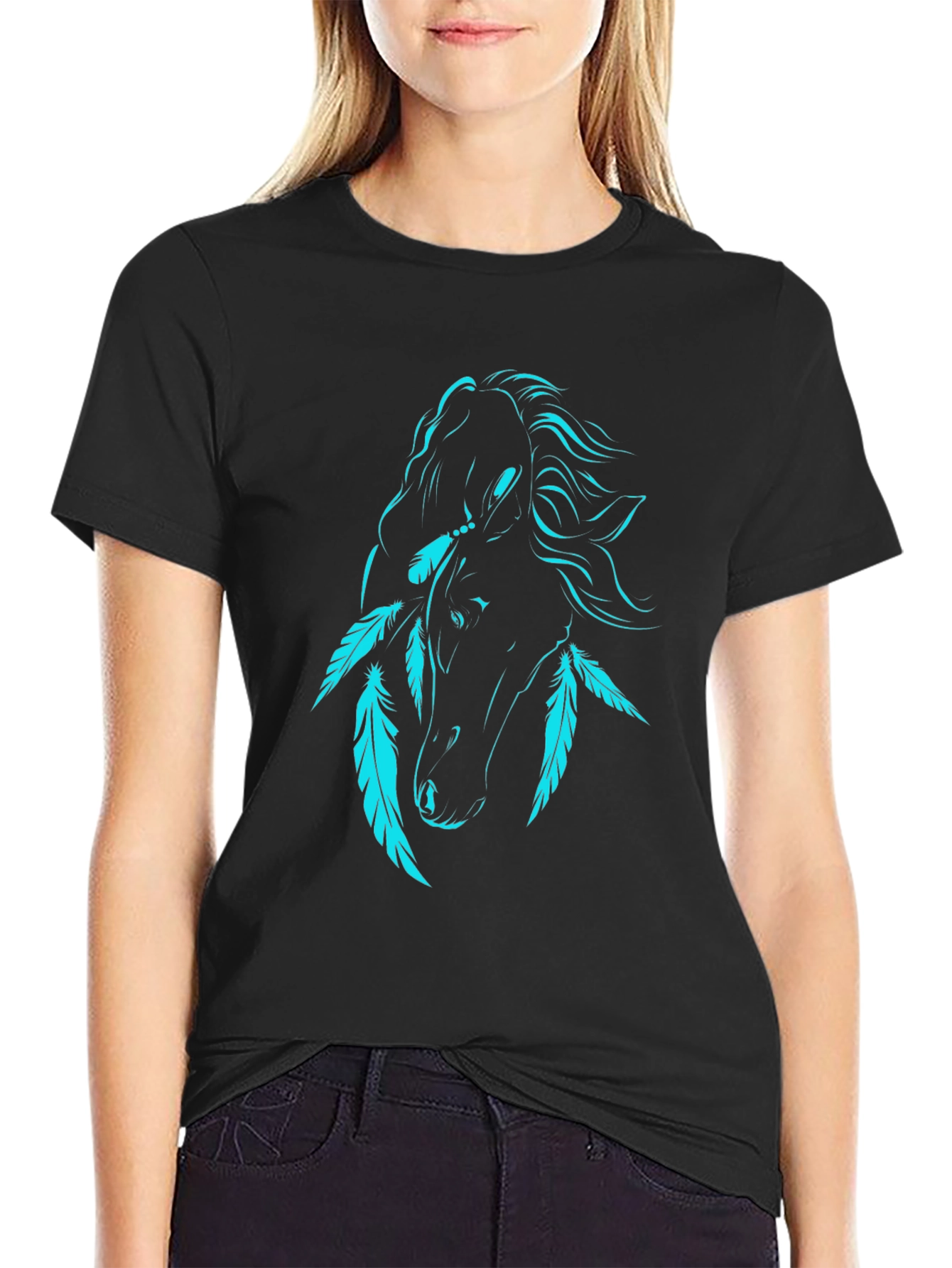 Black T-Shirt with Turquoise Horse and Feathers Graphic