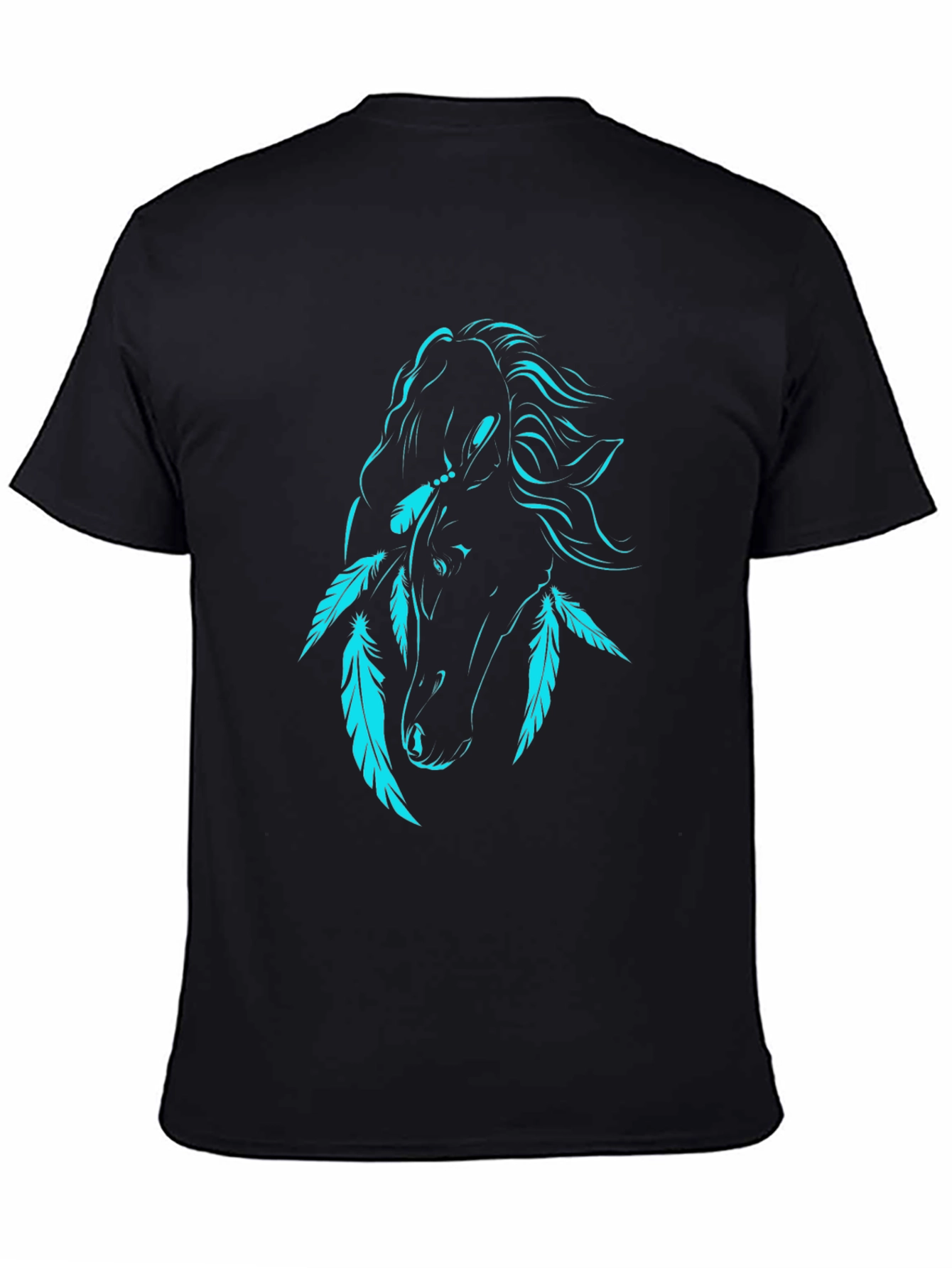Black T-Shirt with Turquoise Horse and Feathers Graphic