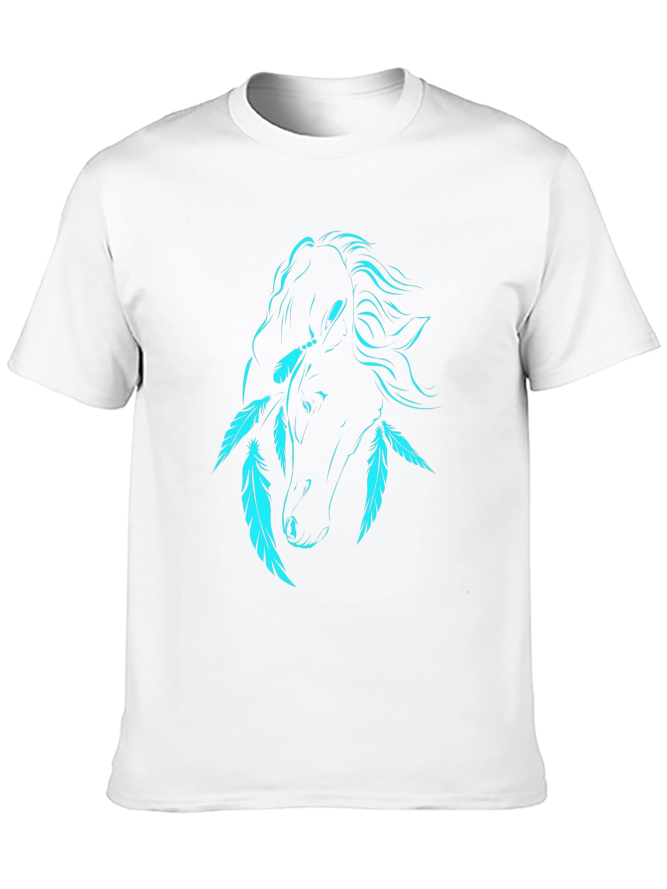 Black T-Shirt with Turquoise Horse and Feathers Graphic