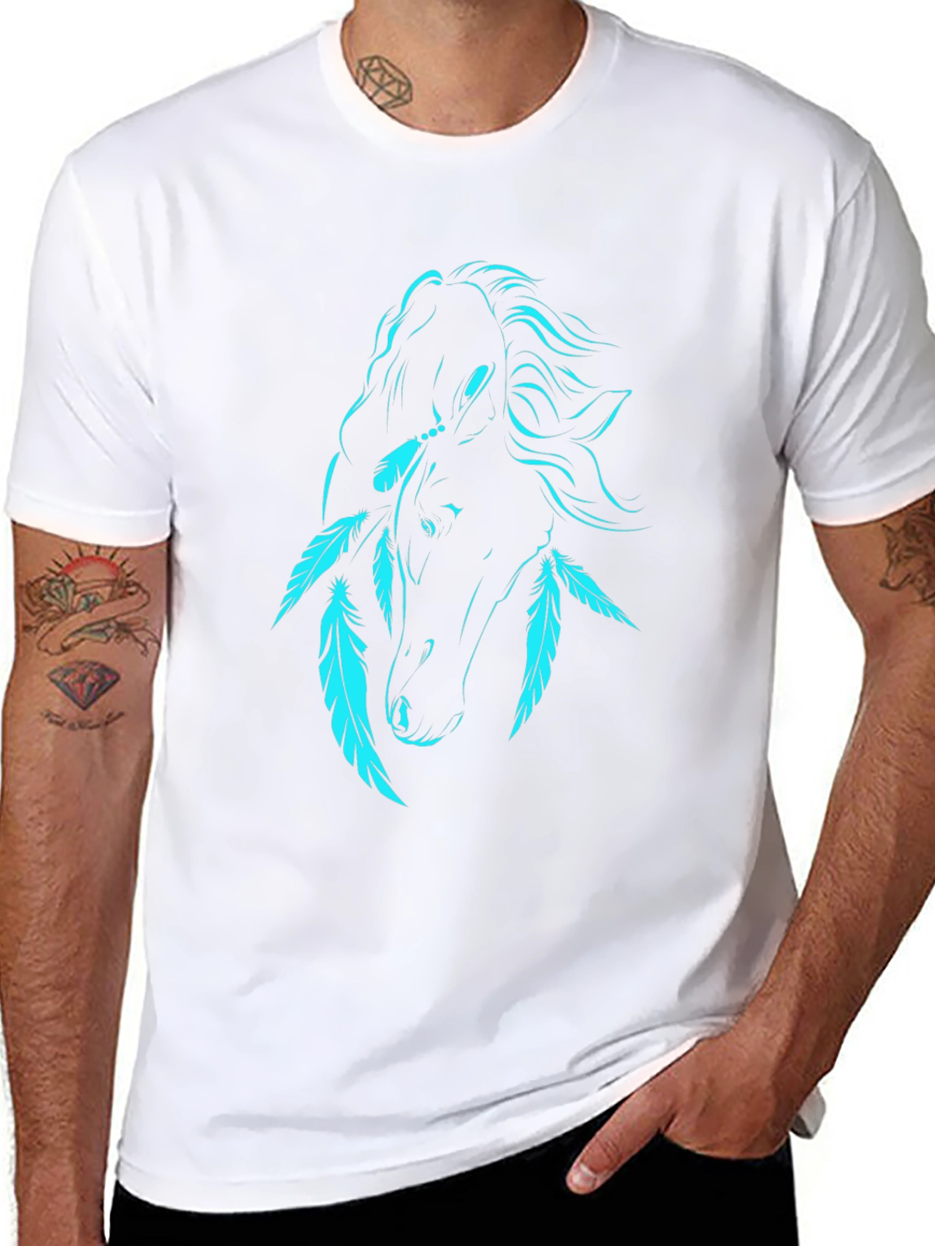 Black T-Shirt with Turquoise Horse and Feathers Graphic