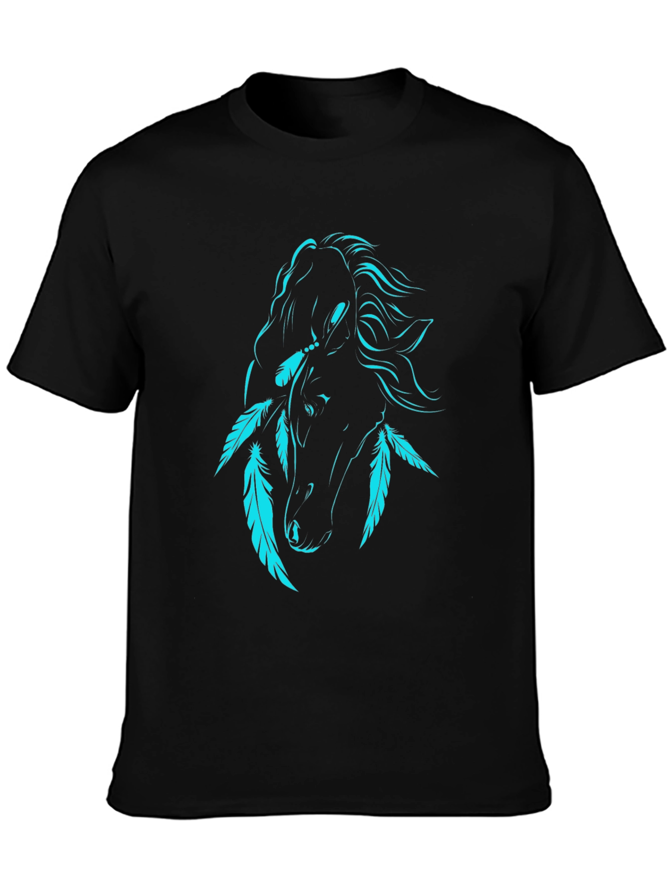 Black T-Shirt with Turquoise Horse and Feathers Graphic