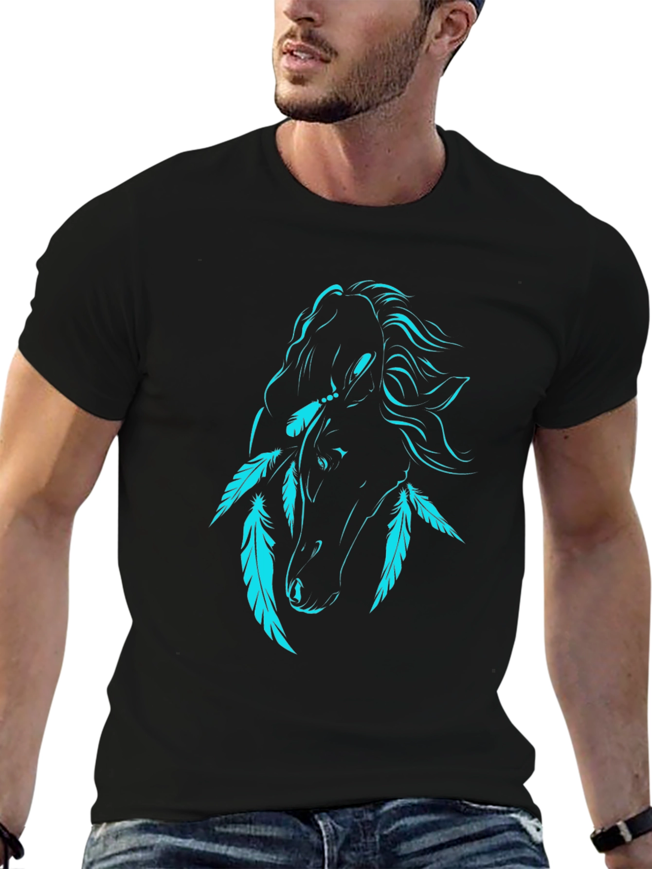 Black T-Shirt with Turquoise Horse and Feathers Graphic