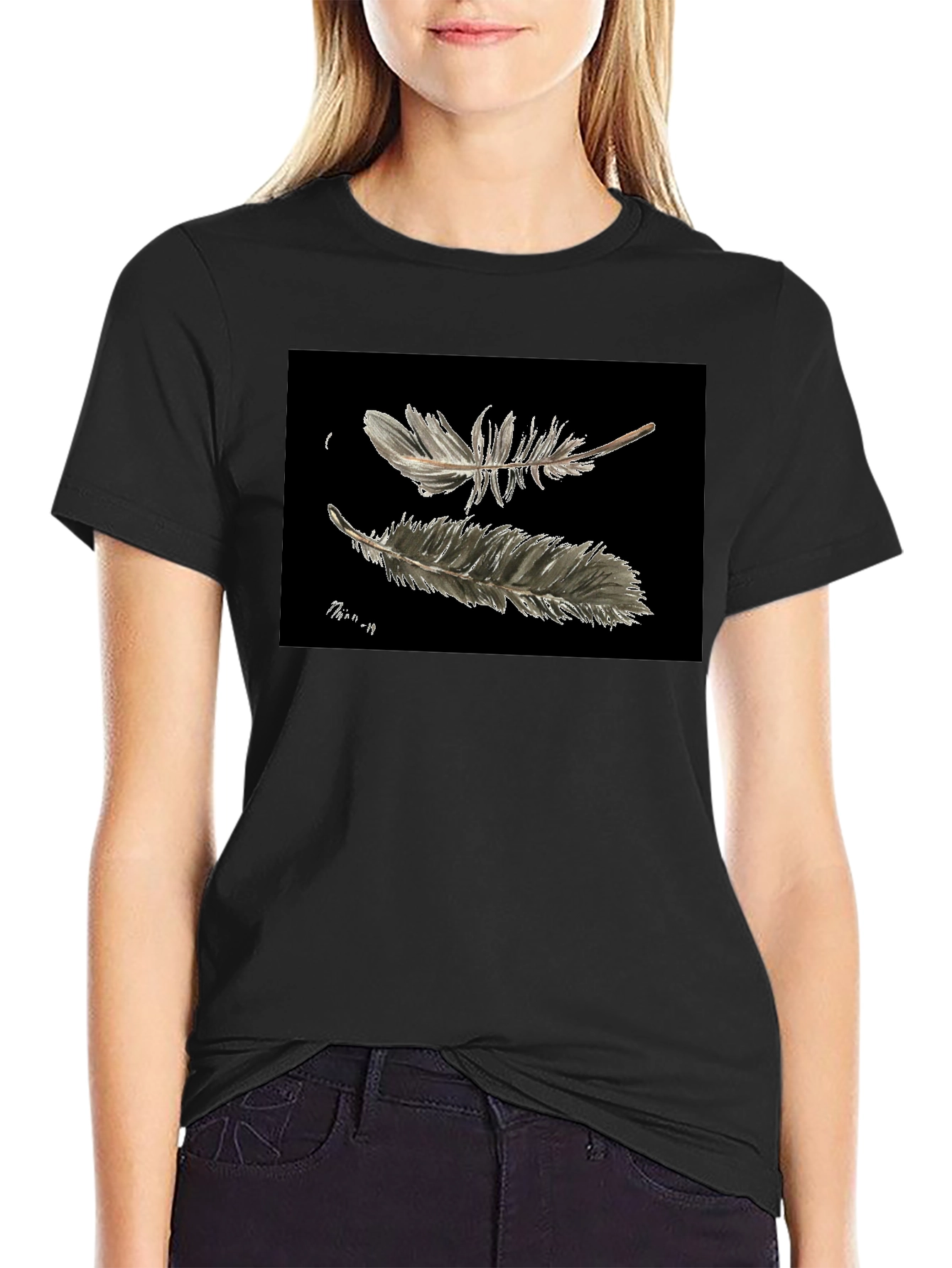 Feather Print Black T-Shirt