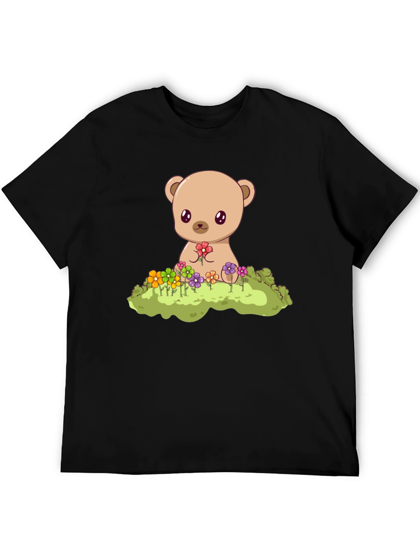 Cute Teddy Bear & Flowers Black T-Shirt