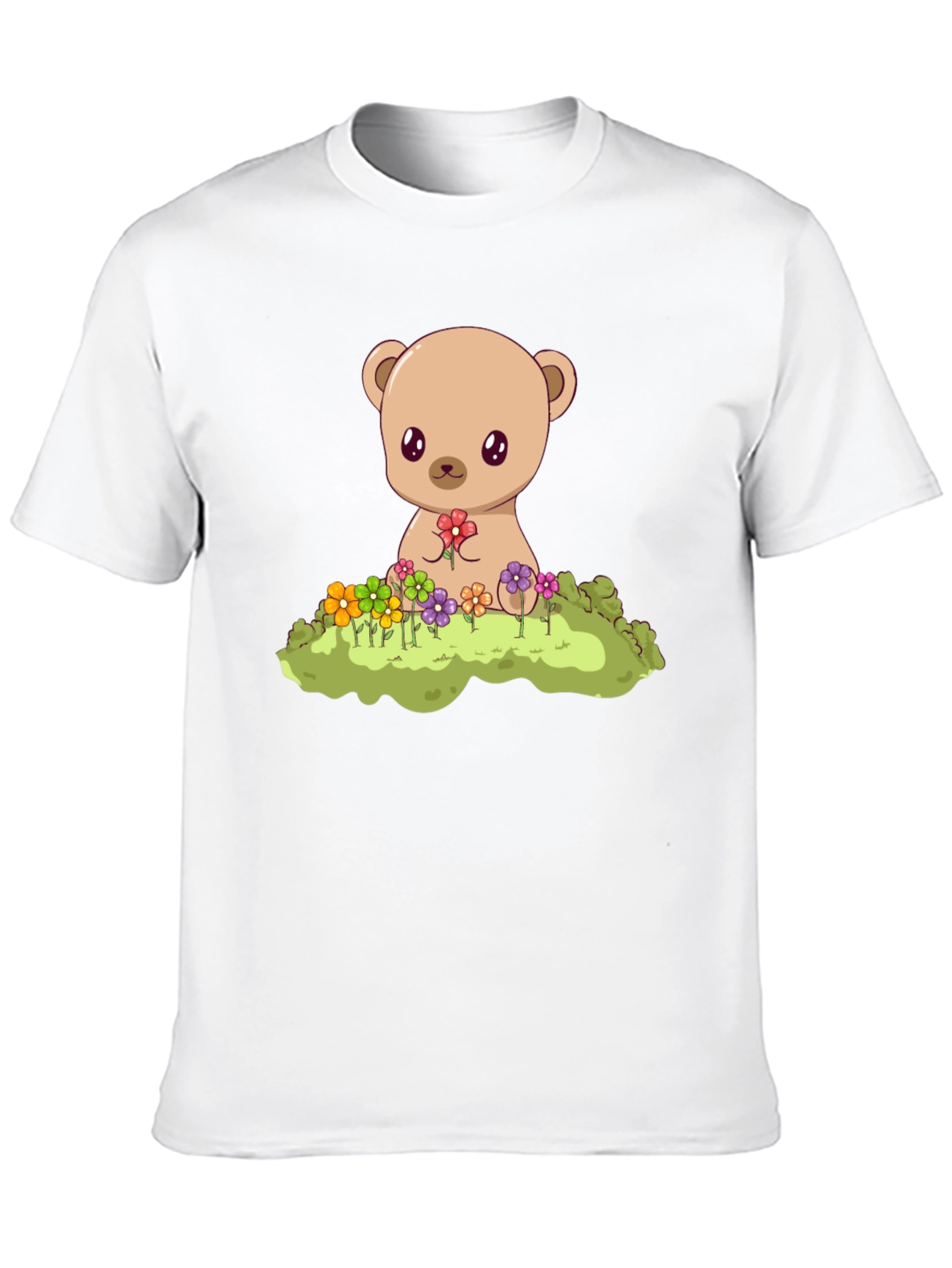Cute Teddy Bear & Flowers Black T-Shirt