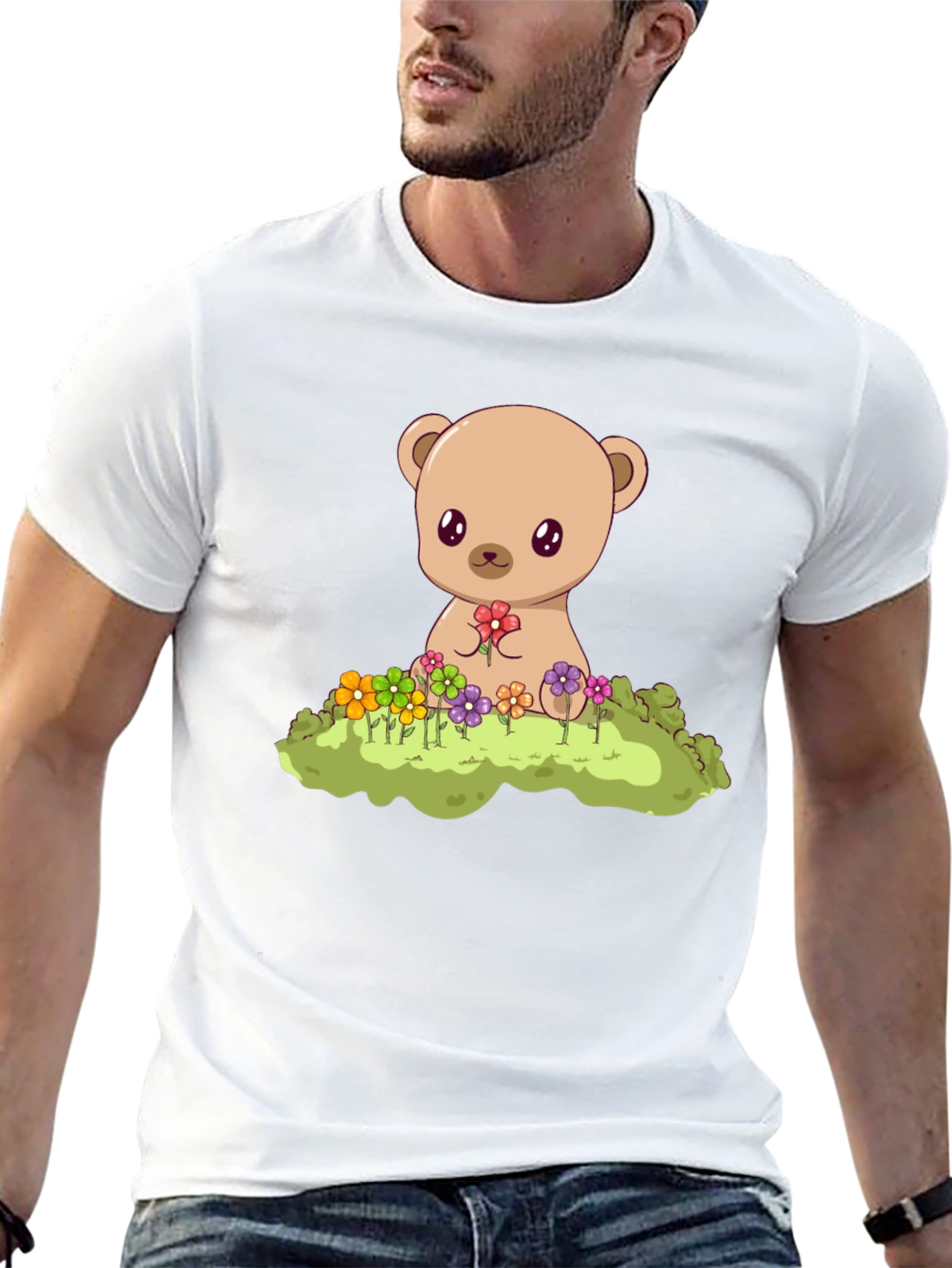 Cute Teddy Bear & Flowers Black T-Shirt
