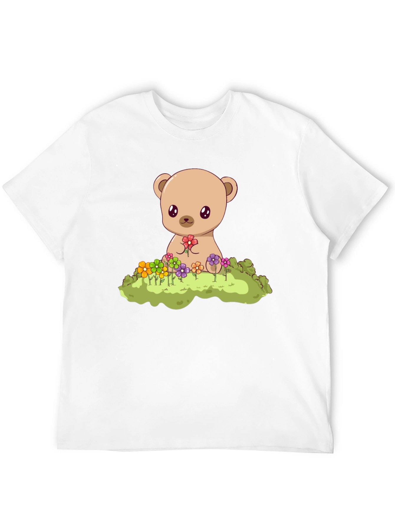 Cute Teddy Bear & Flowers Black T-Shirt