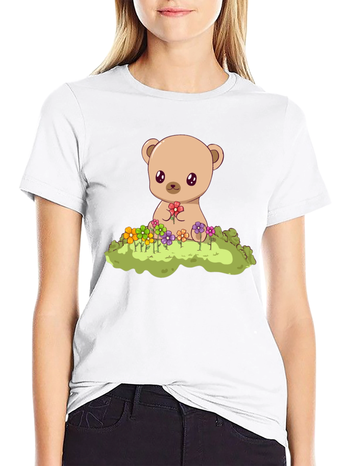 Cute Teddy Bear & Flowers Black T-Shirt