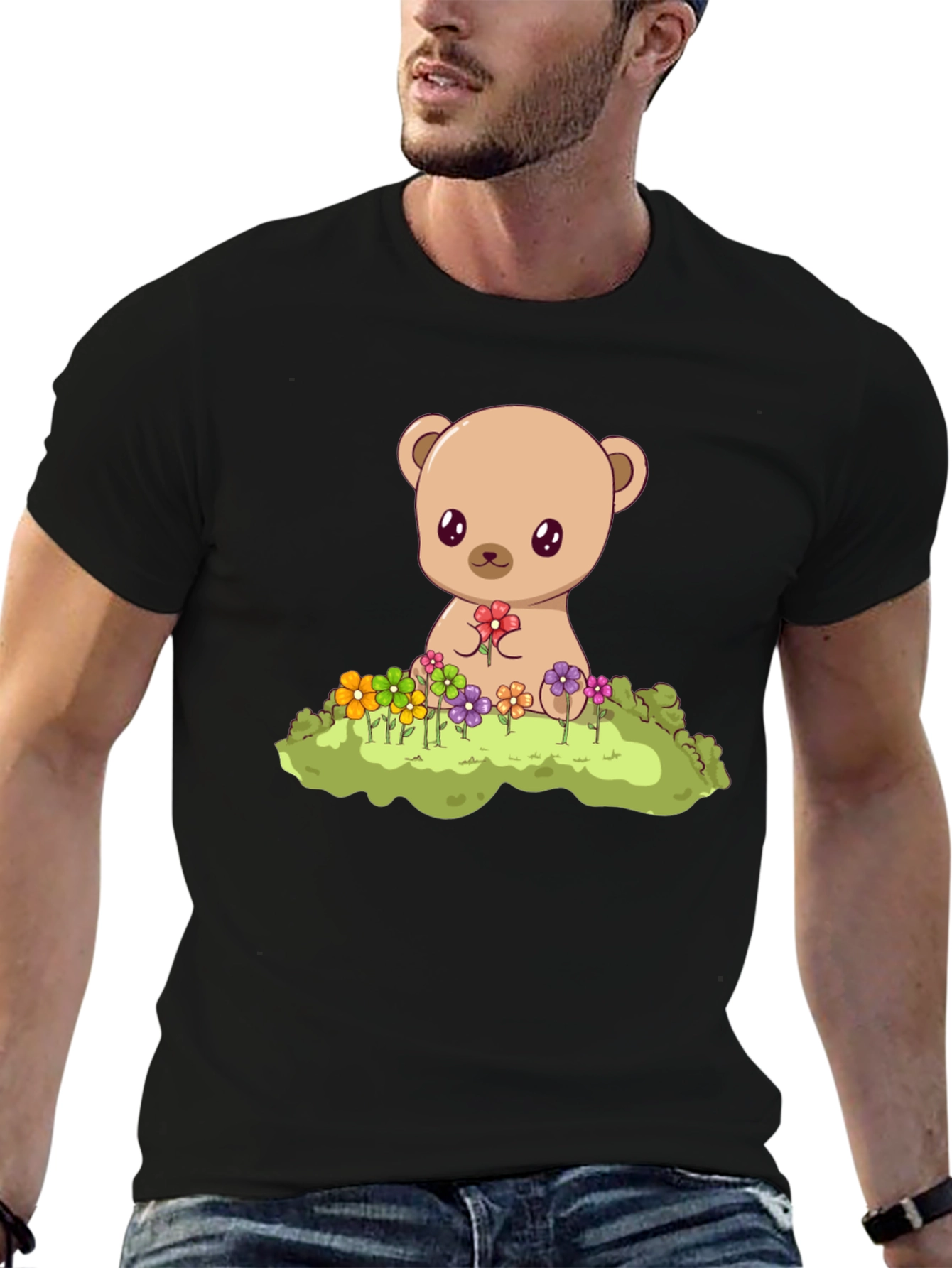 Cute Teddy Bear & Flowers Black T-Shirt